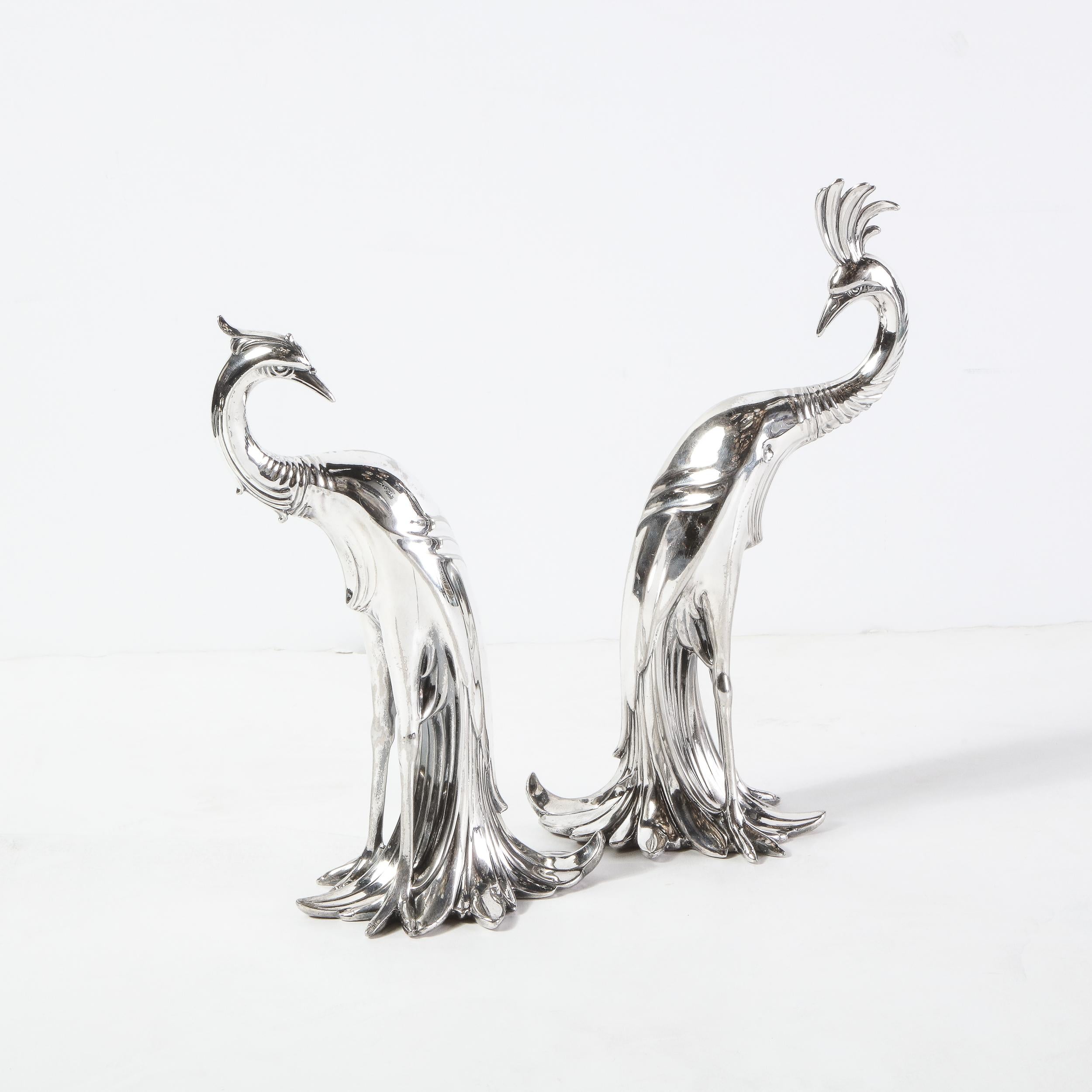 Polished Pair of 1930s Art Deco Silverplated Stylized Peacock Sculptures by Weidlich Bros