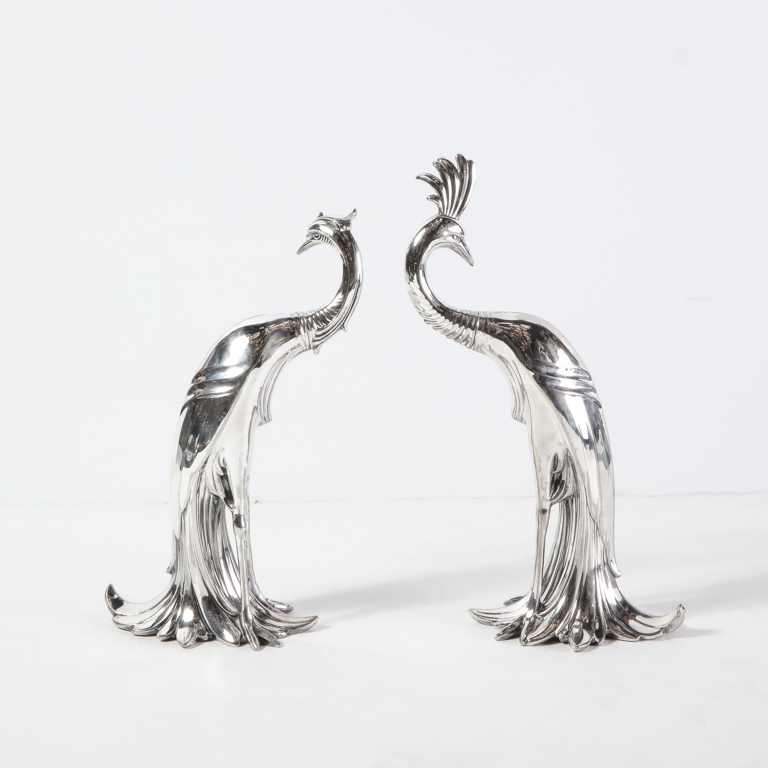 Mid-20th Century Pair of 1930s Art Deco Silverplated Stylized Peacock Sculptures by Weidlich Bros