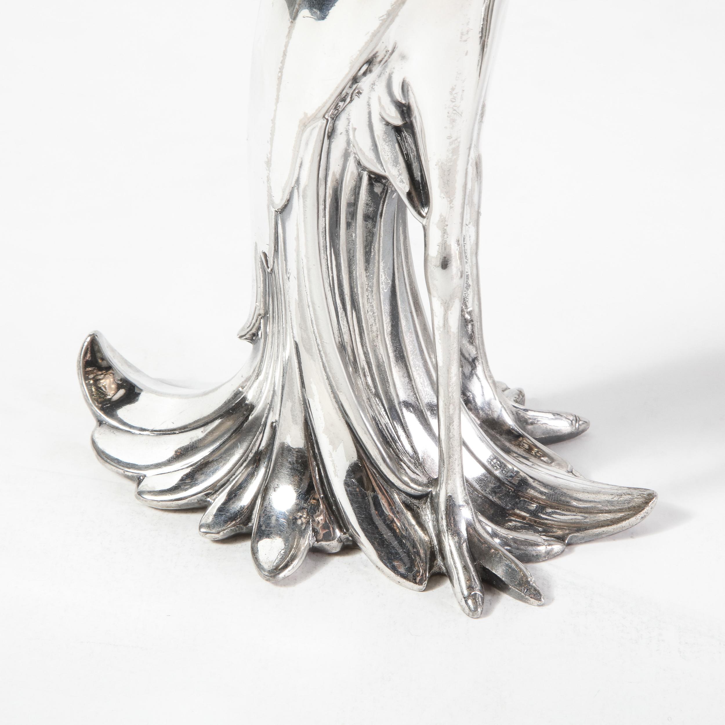 Silver Plate Pair of 1930s Art Deco Silverplated Stylized Peacock Sculptures by Weidlich Bros