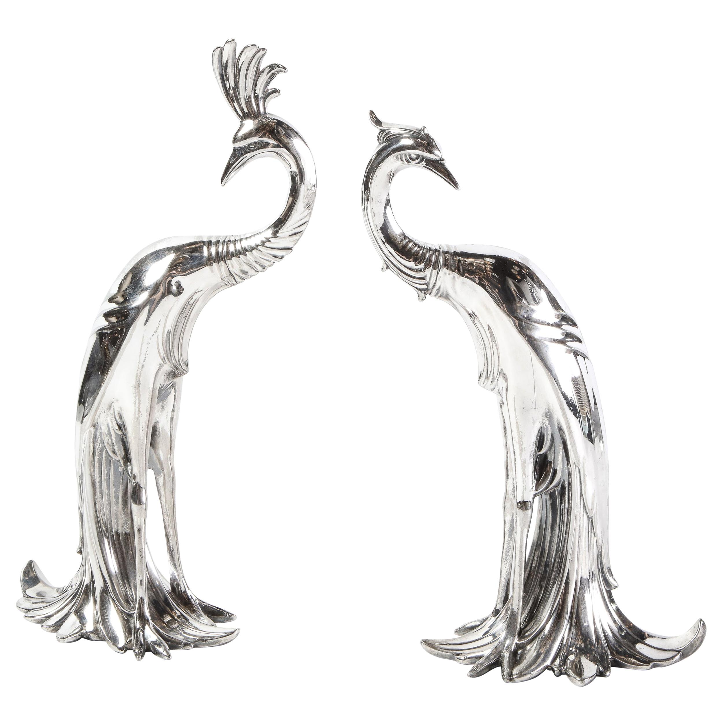 Pair of 1930s Art Deco Silverplated Stylized Peacock Sculptures by Weidlich Bros
