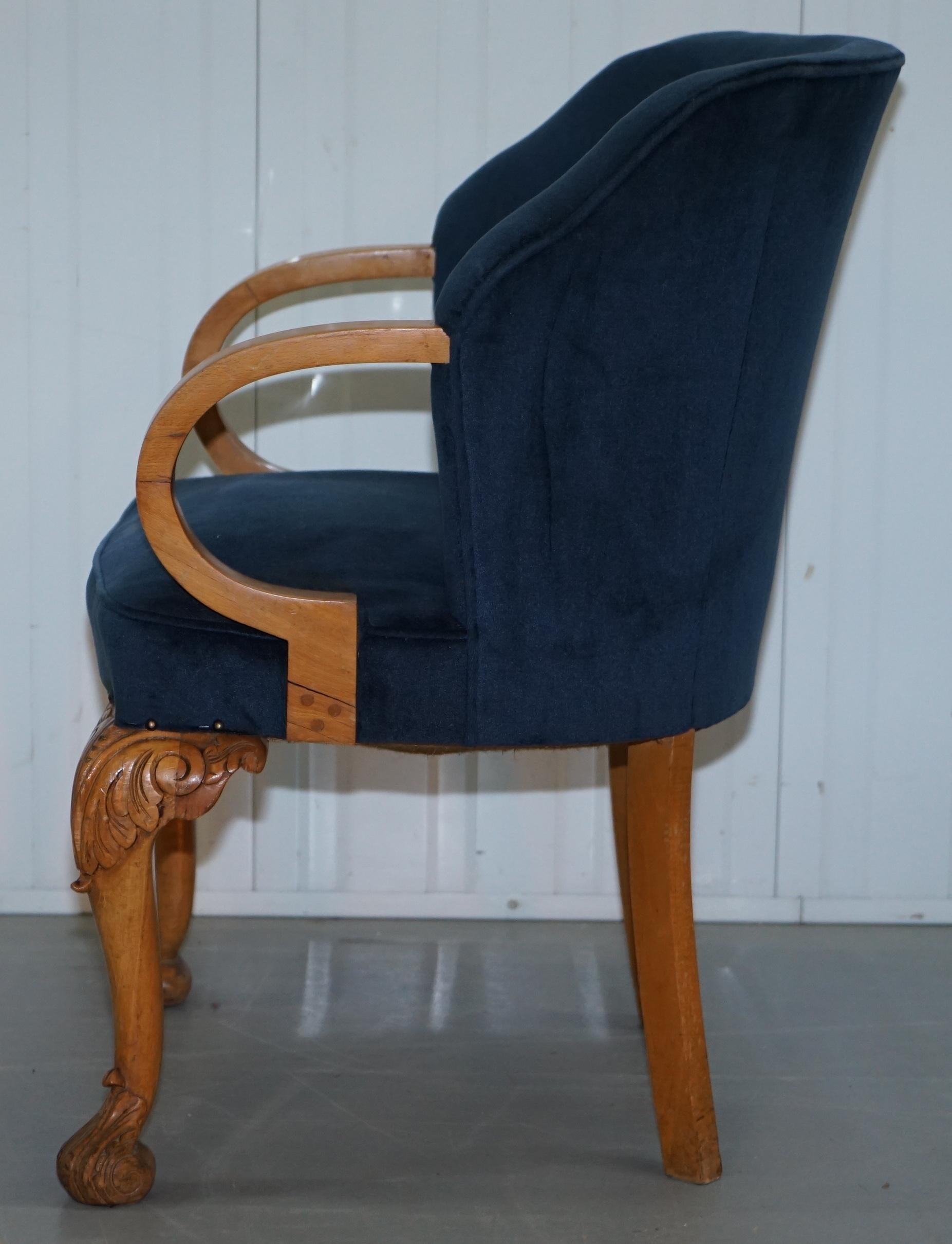 Pair of 1930s Art Deco Tub Armchairs Carved Georgian Legs Royal Blue Upholstery 7