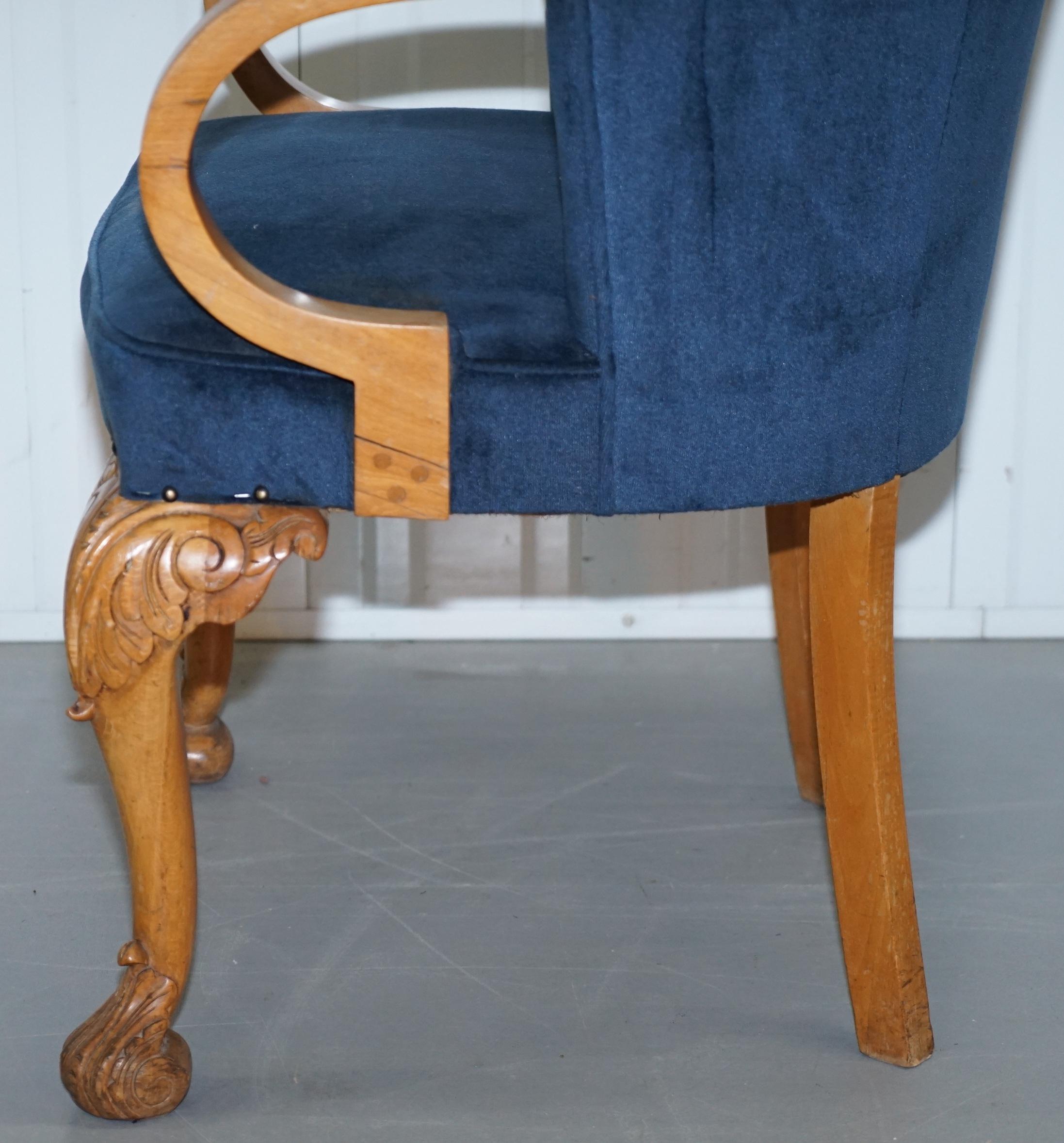 Pair of 1930s Art Deco Tub Armchairs Carved Georgian Legs Royal Blue Upholstery 8