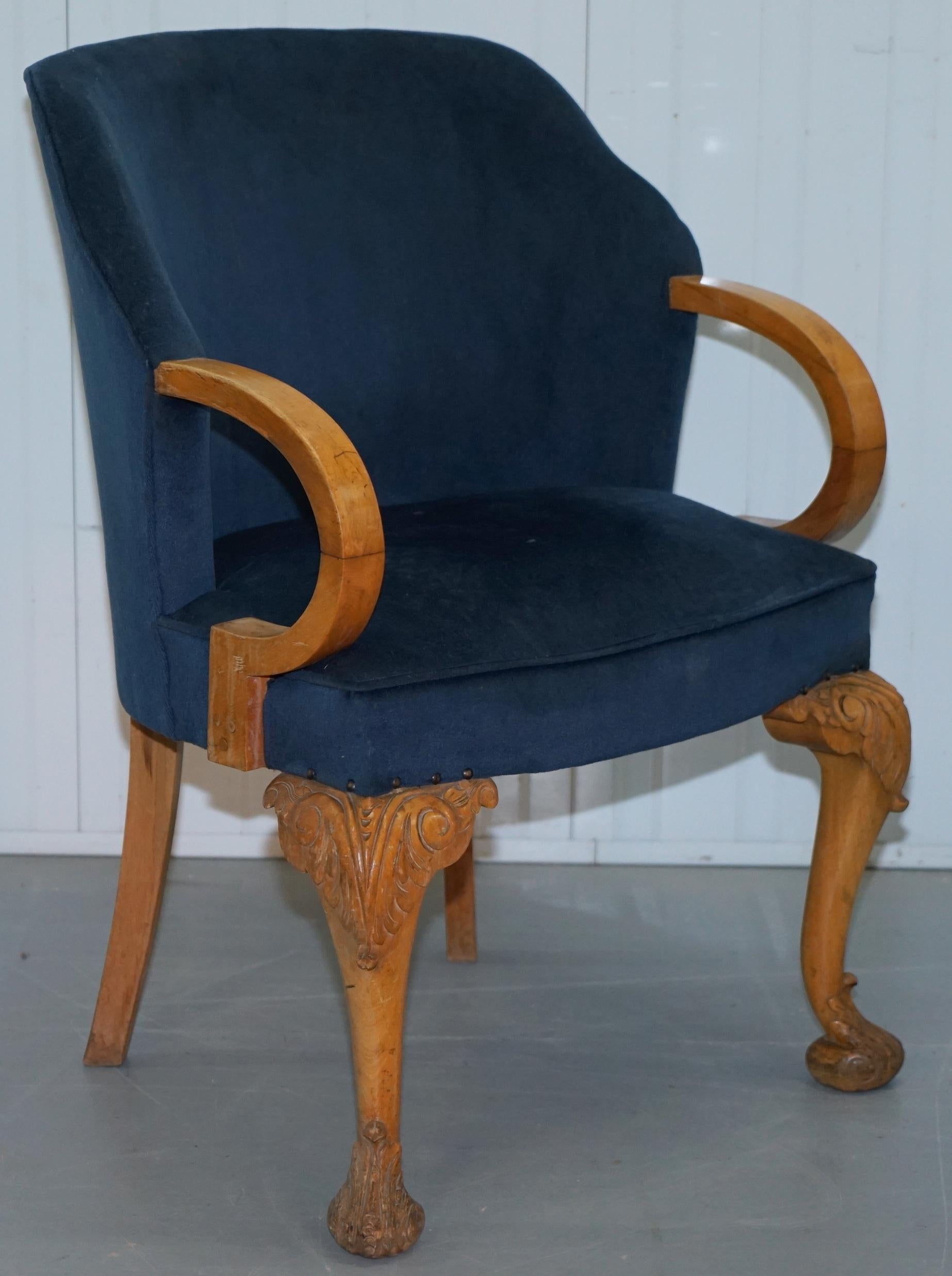 Pair of 1930s Art Deco Tub Armchairs Carved Georgian Legs Royal Blue Upholstery 9