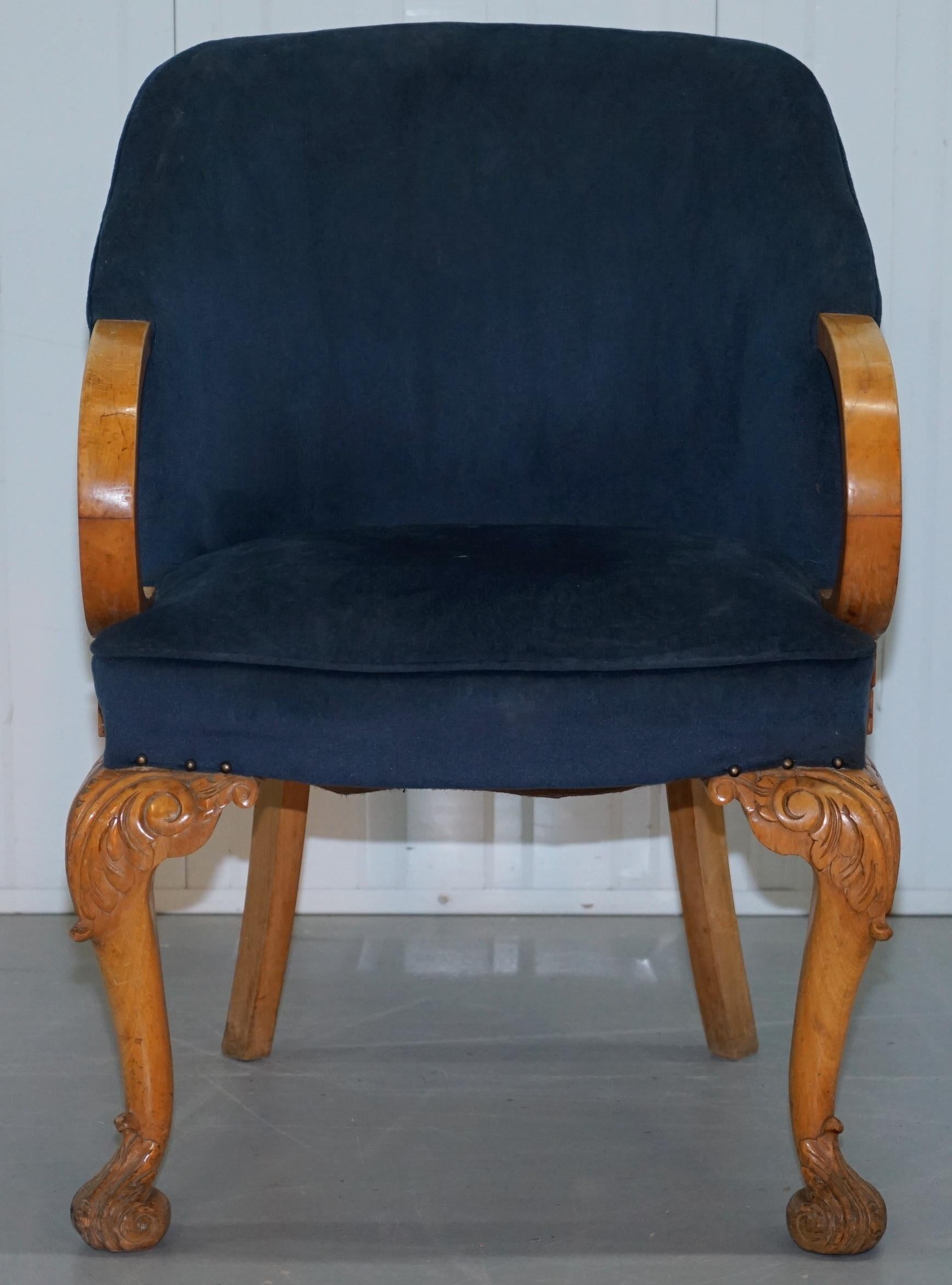 Pair of 1930s Art Deco Tub Armchairs Carved Georgian Legs Royal Blue Upholstery 10