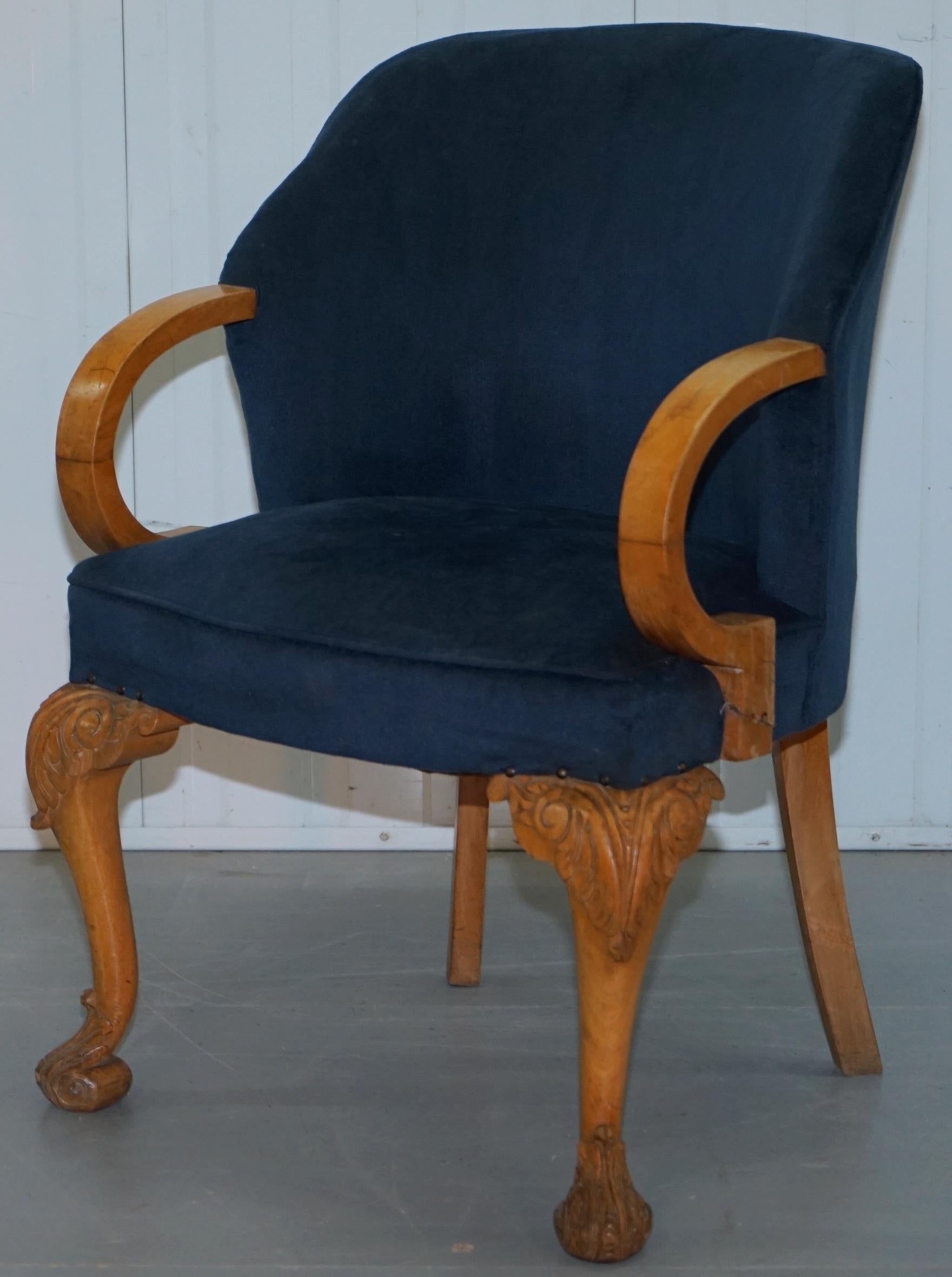 Pair of 1930s Art Deco Tub Armchairs Carved Georgian Legs Royal Blue Upholstery 11