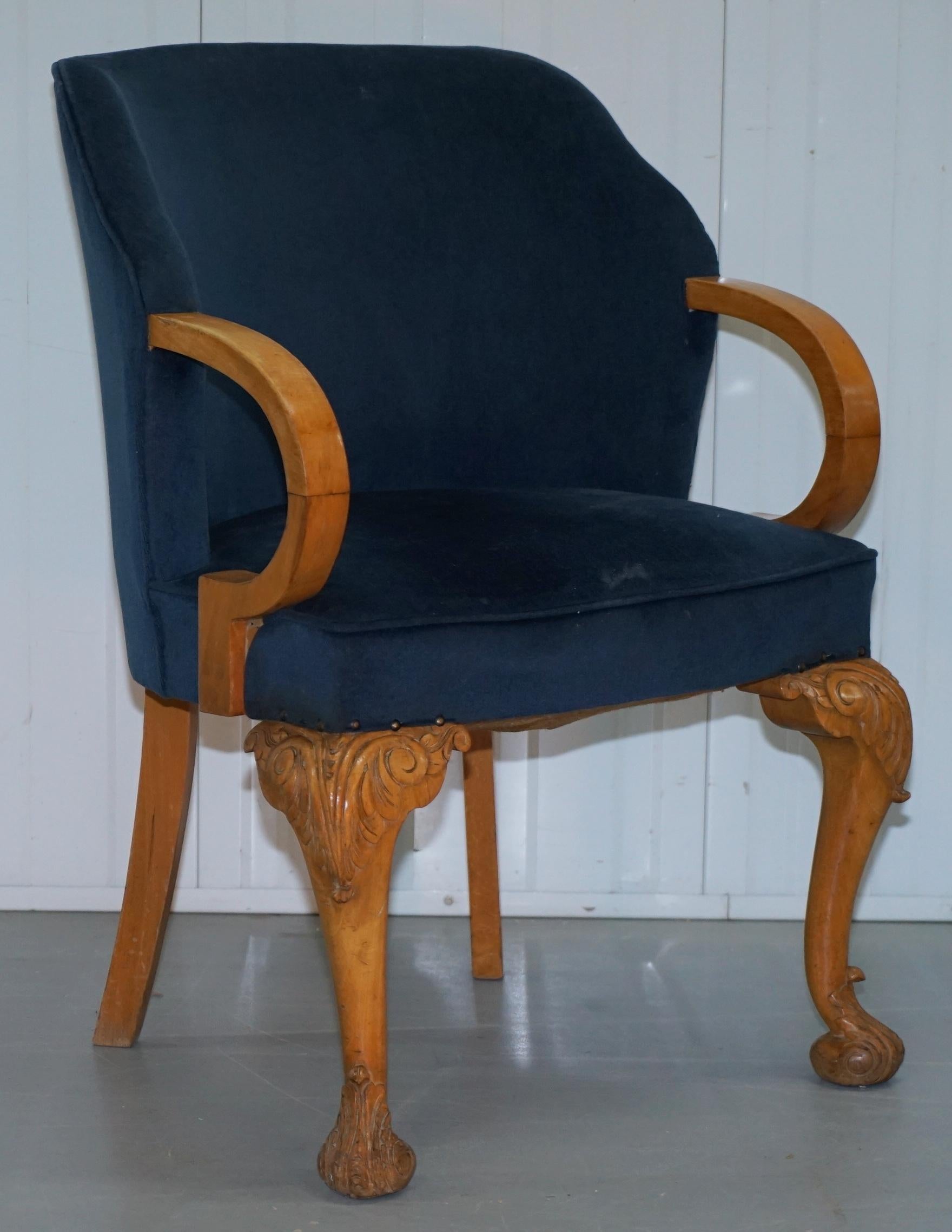 We are delighted to offer for sale this rather lovely pair of 1930’s Art Deco tub armchairs with hand carved legs in the Georgian style and Royal Blue Dralon upholstery

A good looking and well-made pair, the frames are solid beech, hand carved