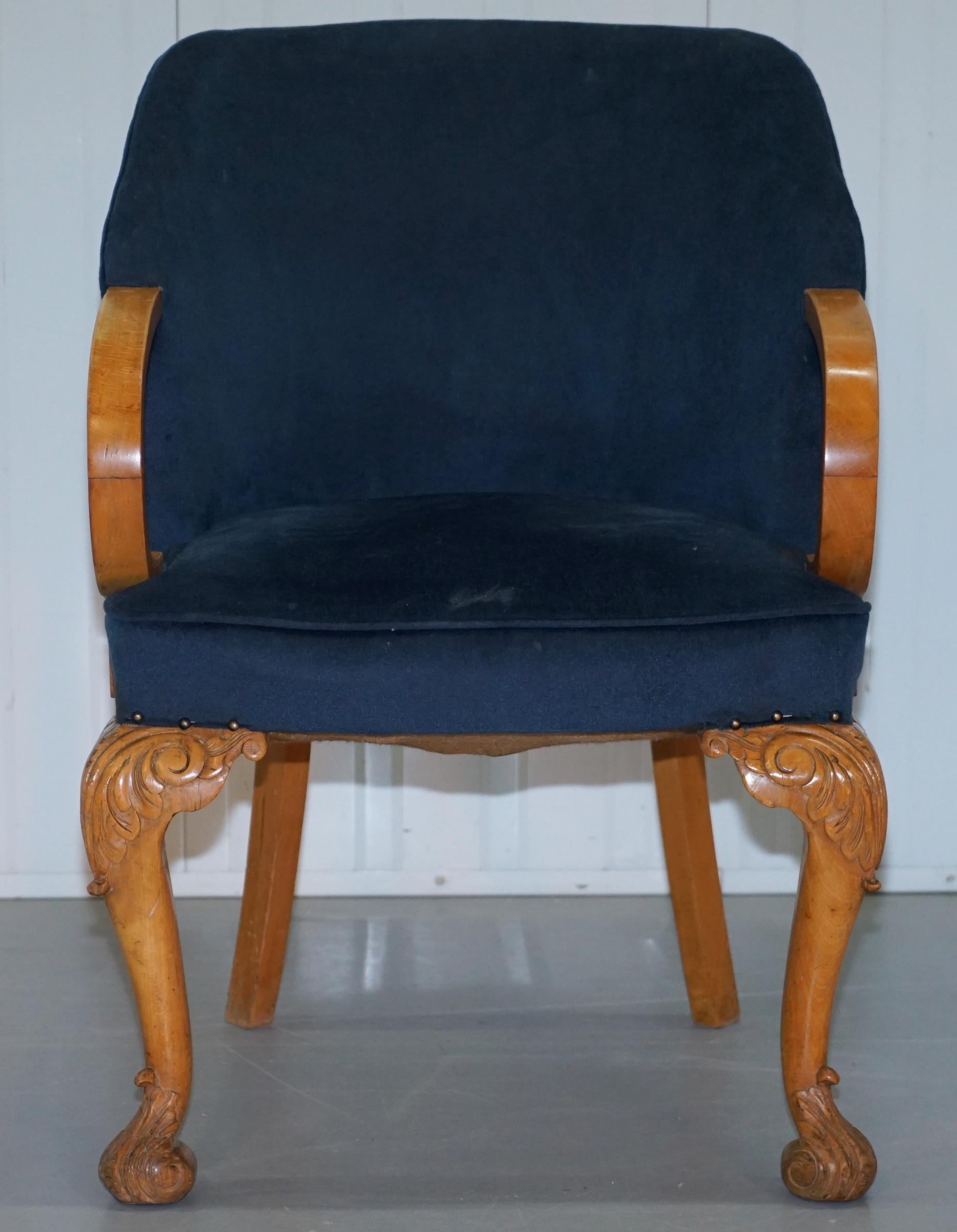 English Pair of 1930s Art Deco Tub Armchairs Carved Georgian Legs Royal Blue Upholstery