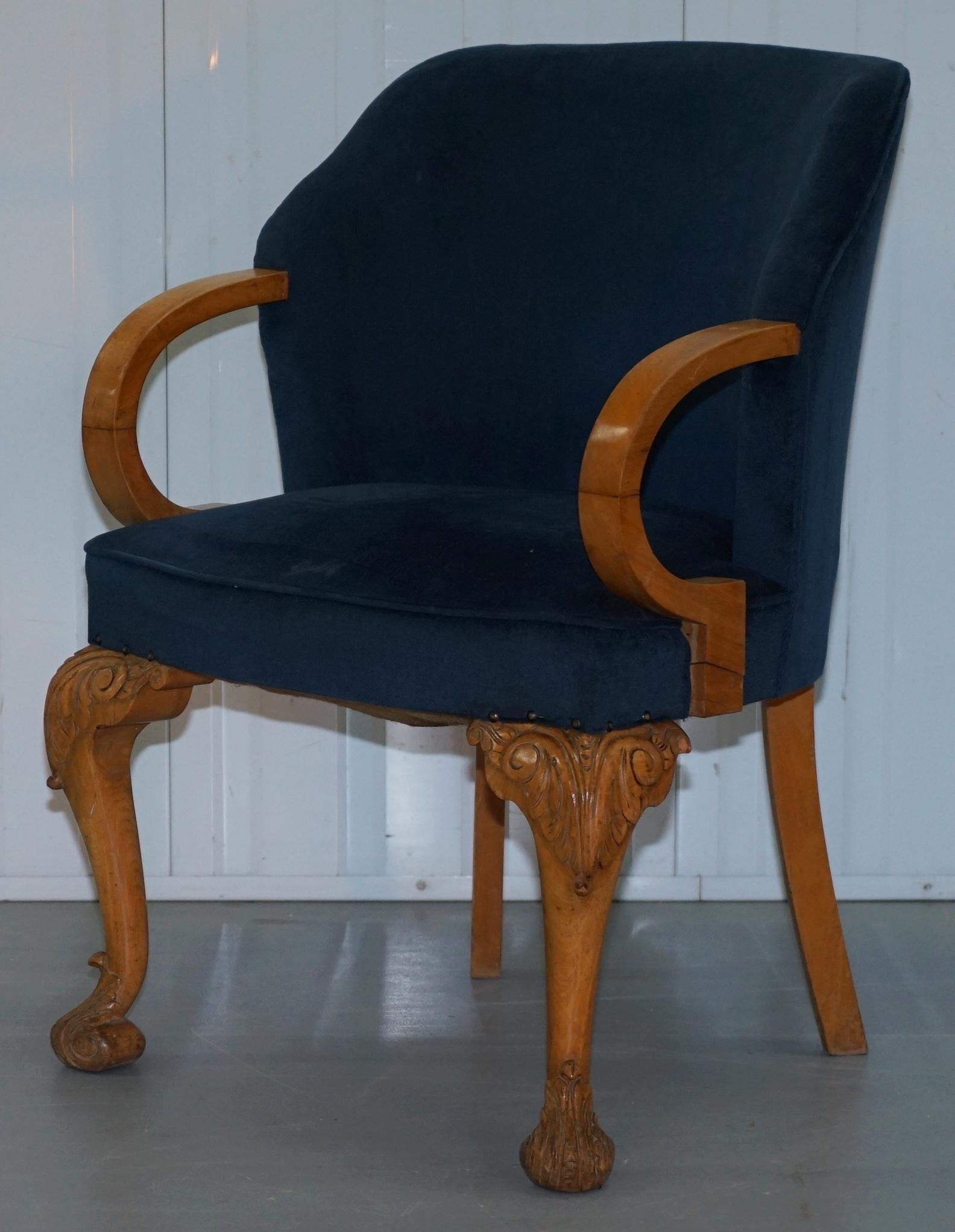 Hand-Crafted Pair of 1930s Art Deco Tub Armchairs Carved Georgian Legs Royal Blue Upholstery