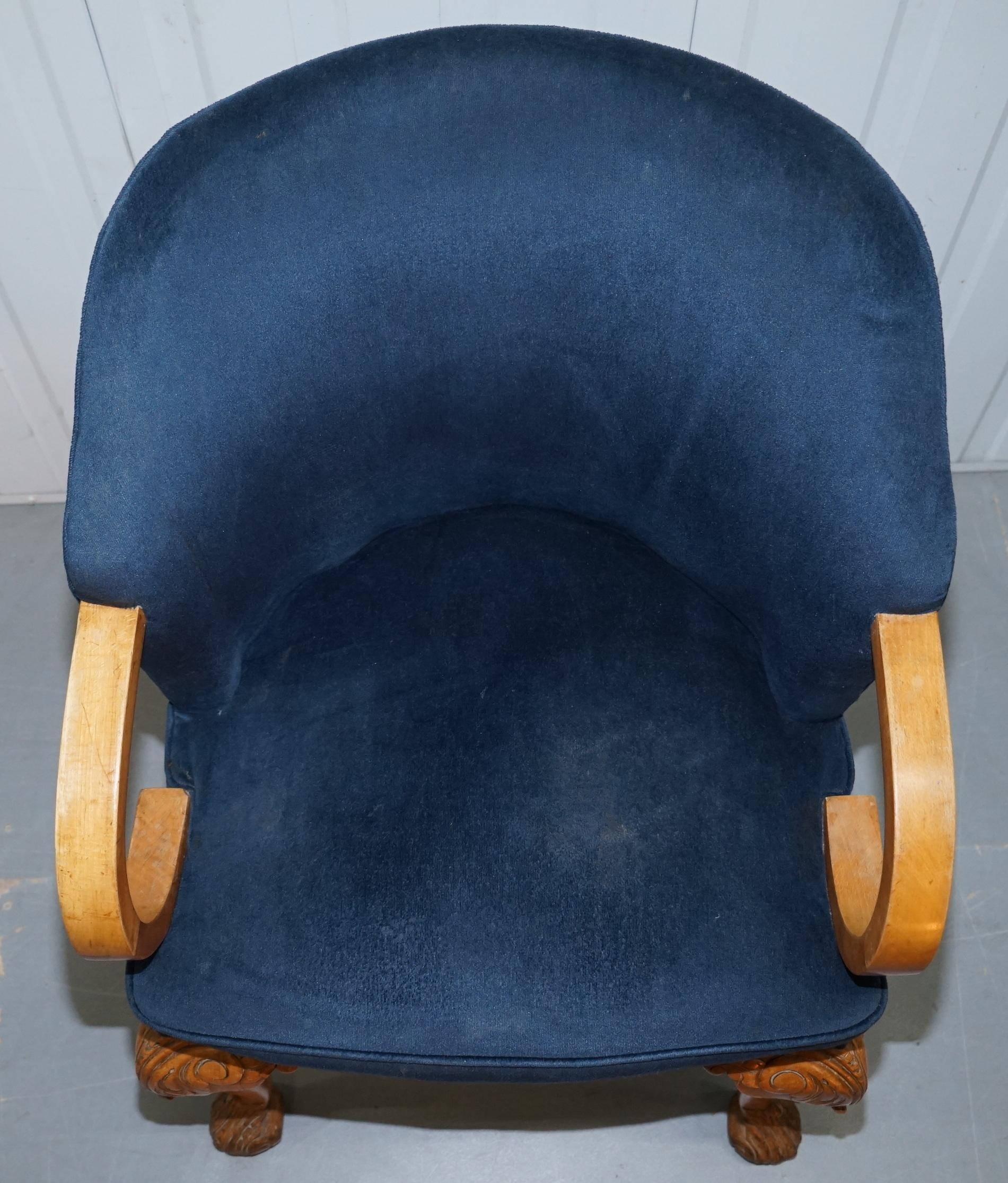 20th Century Pair of 1930s Art Deco Tub Armchairs Carved Georgian Legs Royal Blue Upholstery