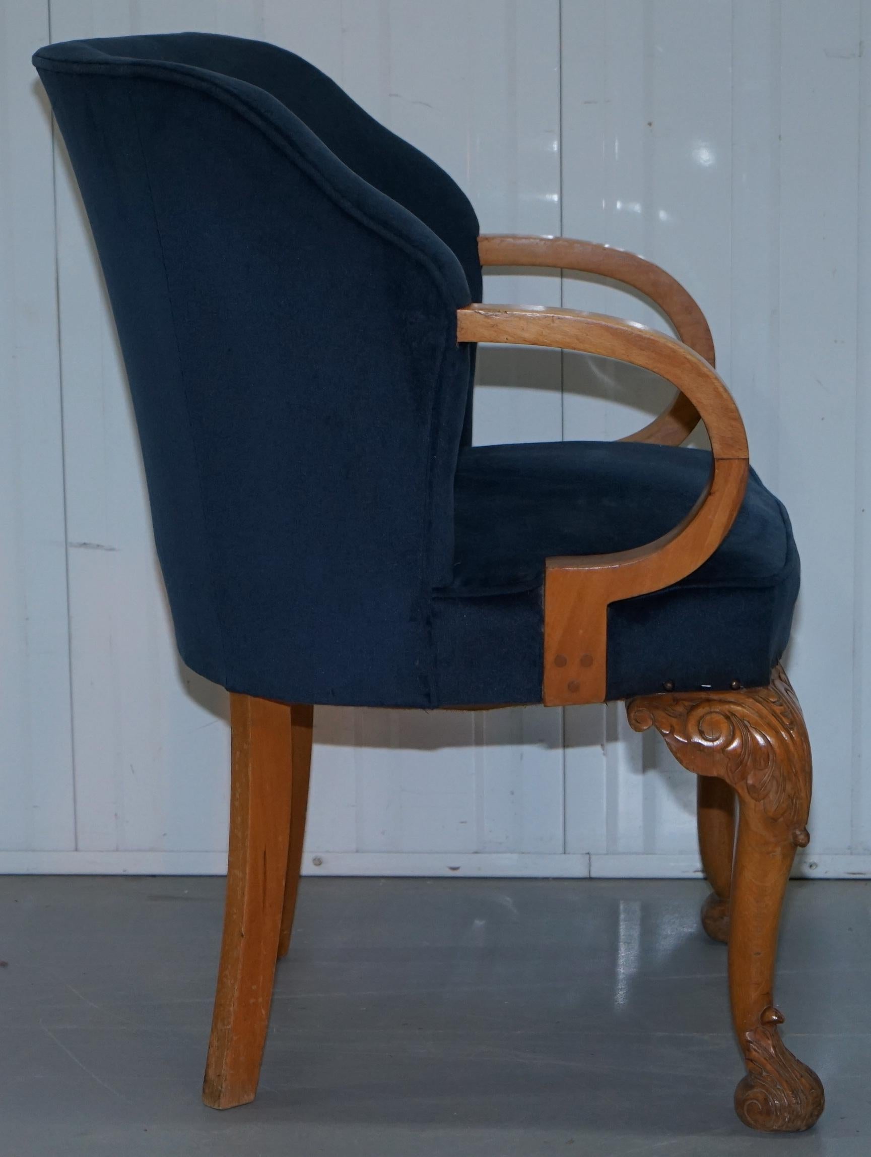 Pair of 1930s Art Deco Tub Armchairs Carved Georgian Legs Royal Blue Upholstery 2