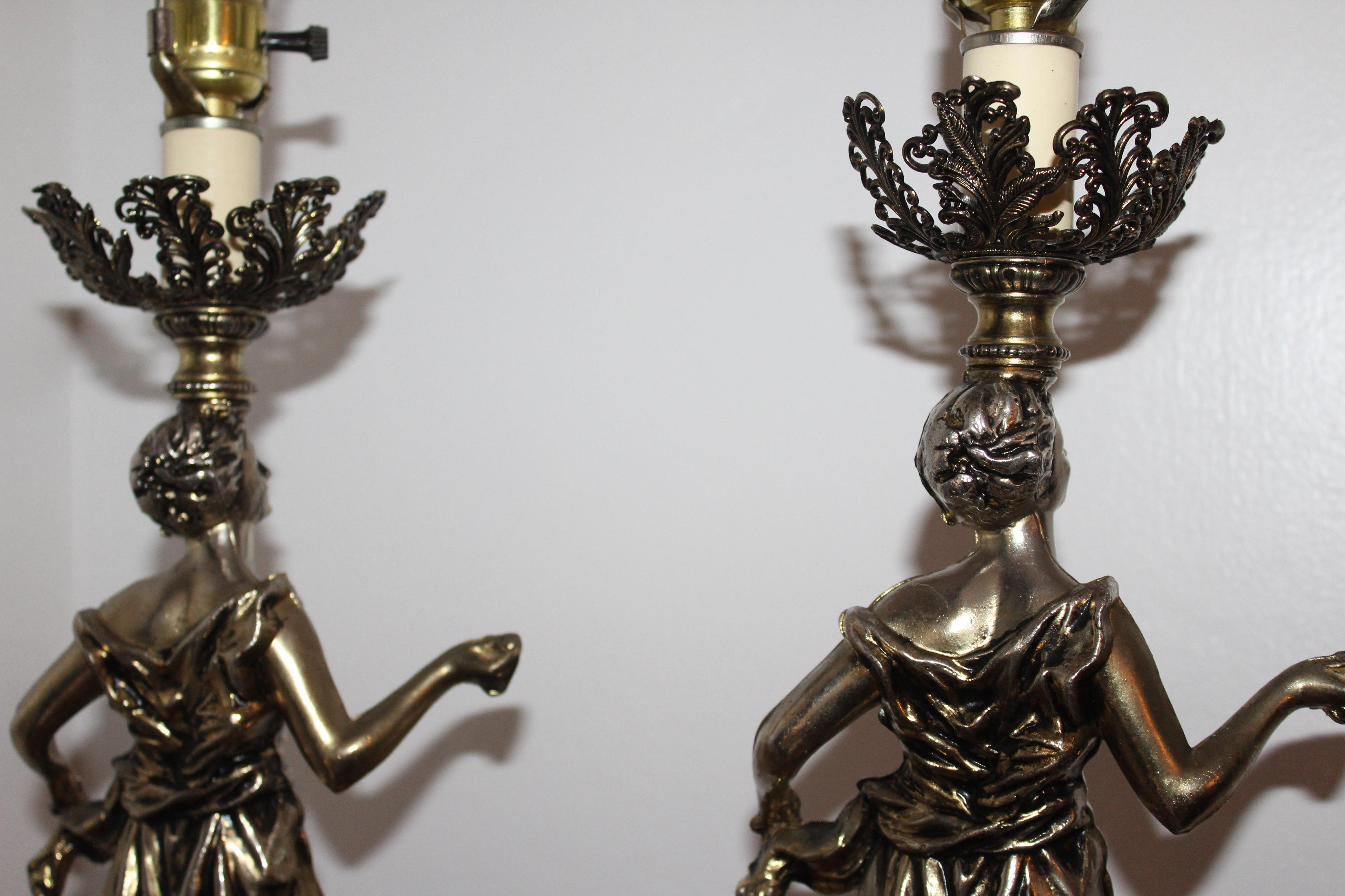 Pair of 1930s Art Noveau Lady Lamps In Good Condition For Sale In Hollywood, FL