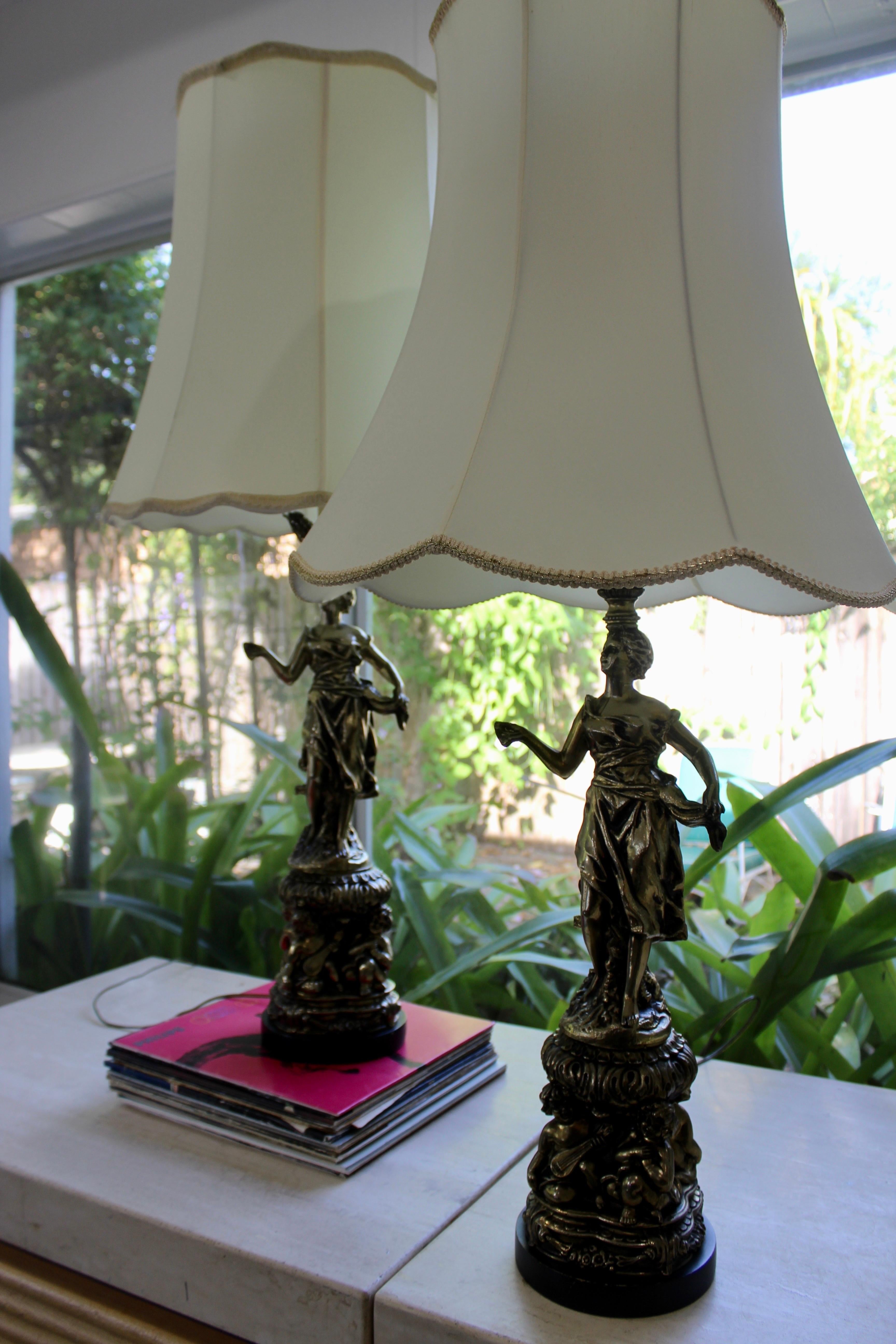 Spelter Pair of 1930s Art Noveau Lady Lamps For Sale