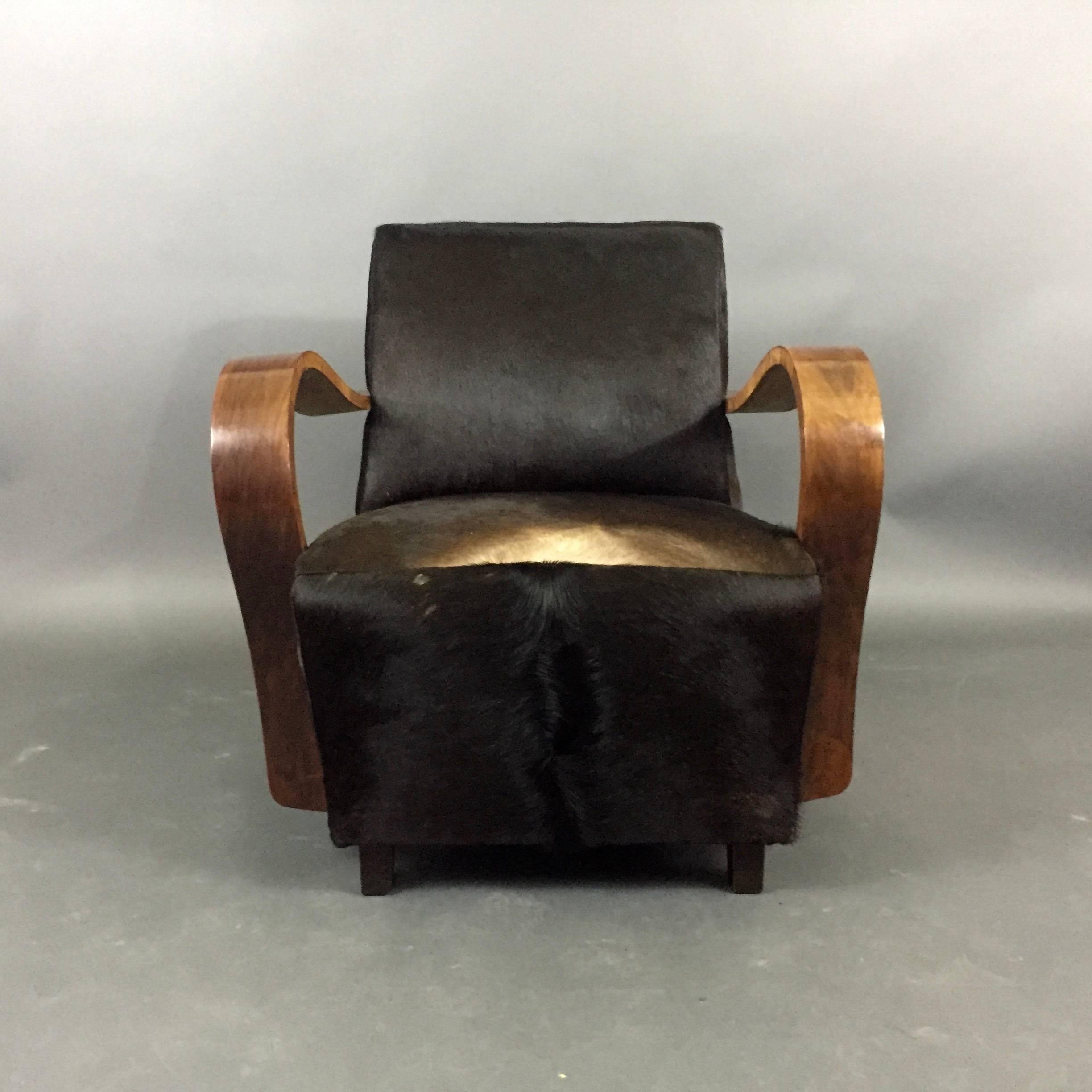 Pair of 1930s Austrian Art Deco Lounge Chairs, Black Hide Covers For Sale 3