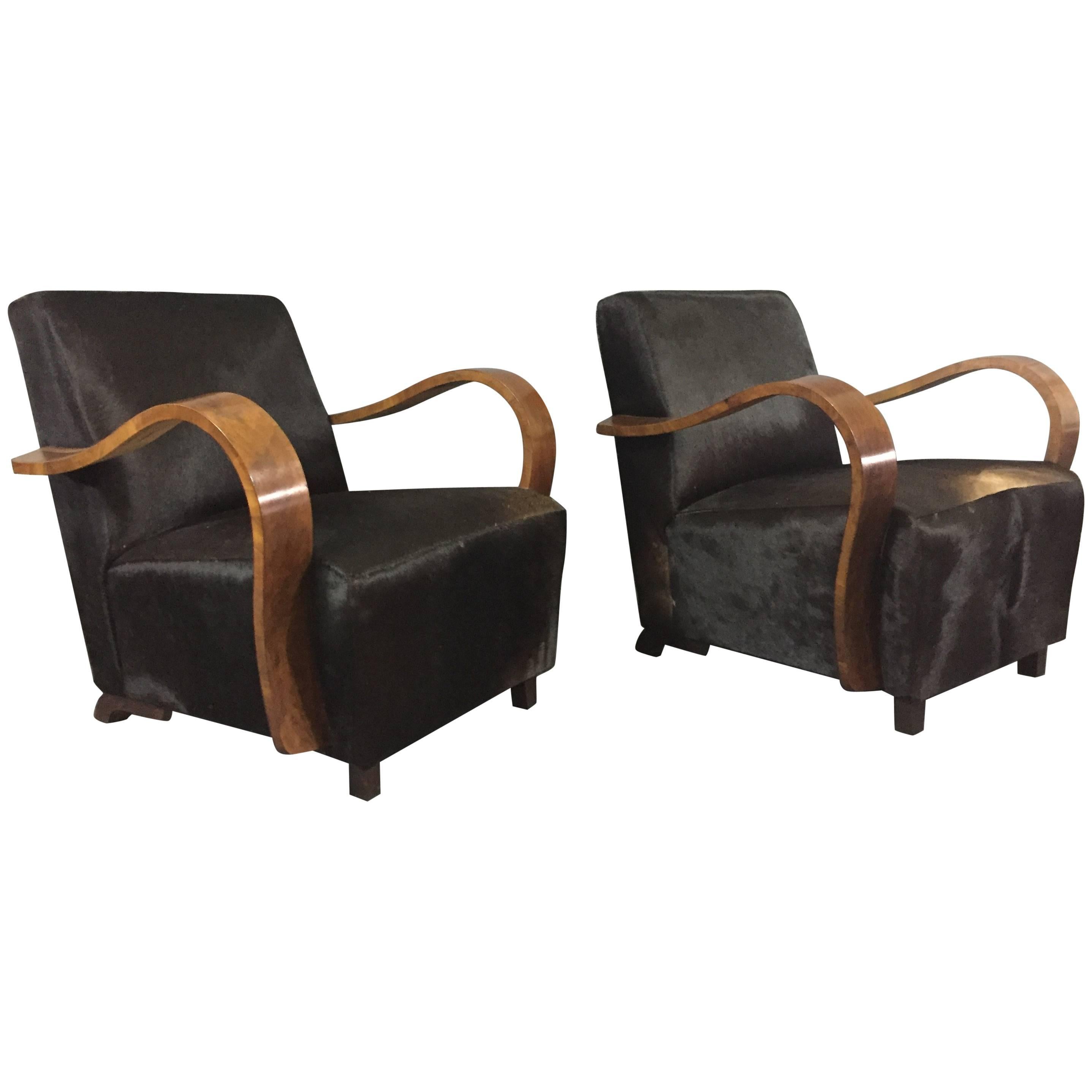 Pair of 1930s Austrian Art Deco Lounge Chairs, Black Hide Covers For Sale
