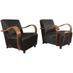 Pair of 1930s Austrian Art Deco Lounge Chairs, Black Hide Covers