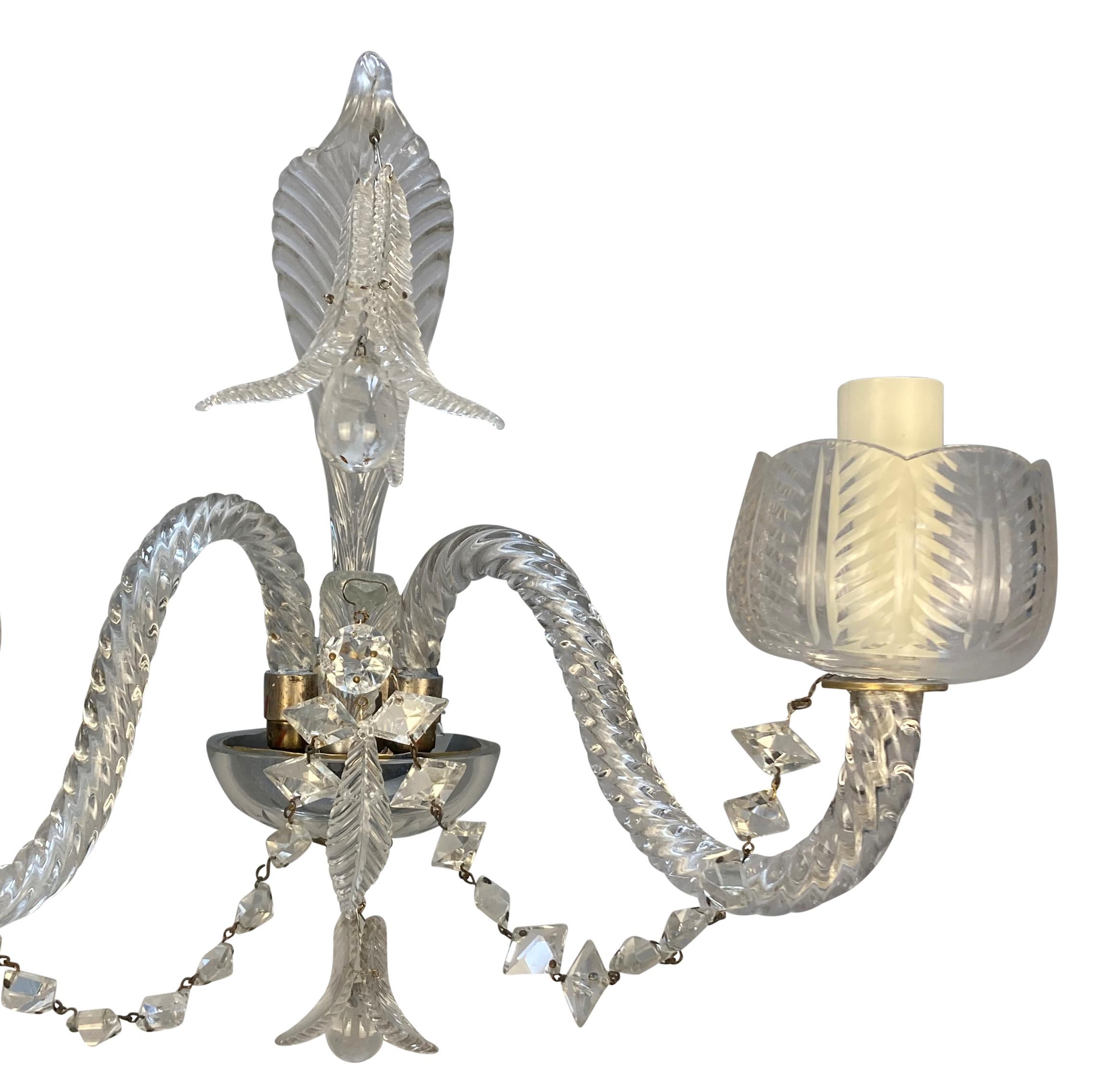 French Pair Of 1930's Baccarat Twin Branch Wall Lights For Sale