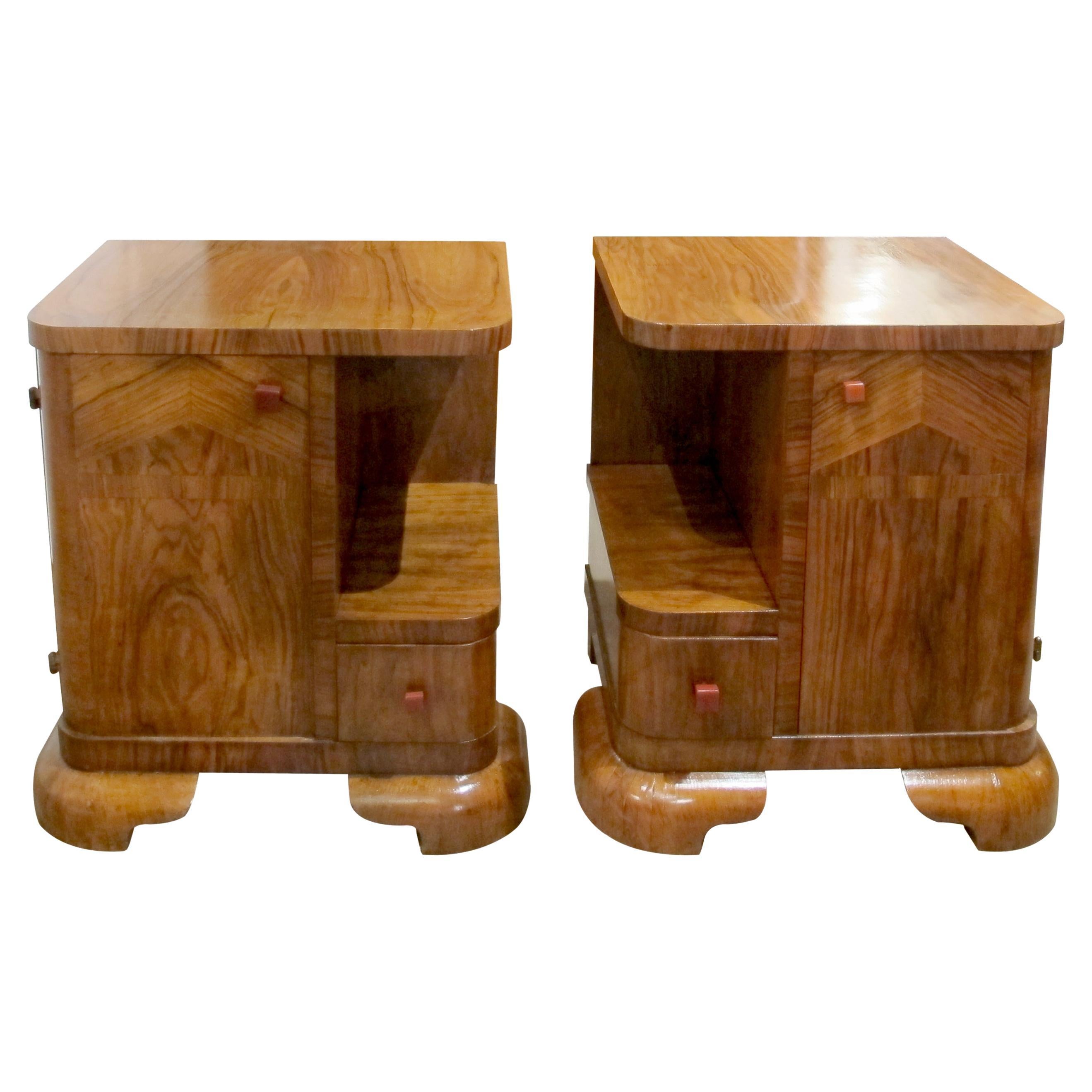 Pair of 1930s Belgian Art Deco Walnut Veneered Bedside Tables