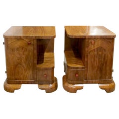 Pair of 1930s Belgian Art Deco Walnut Veneered Bedside Tables