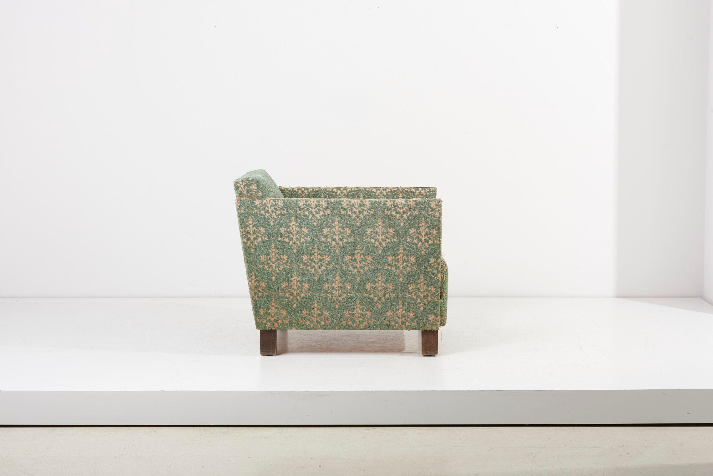 Fabric Pair of 1930s green Björn Trägårdh Lounge Chairs with ornaments, Sweden For Sale