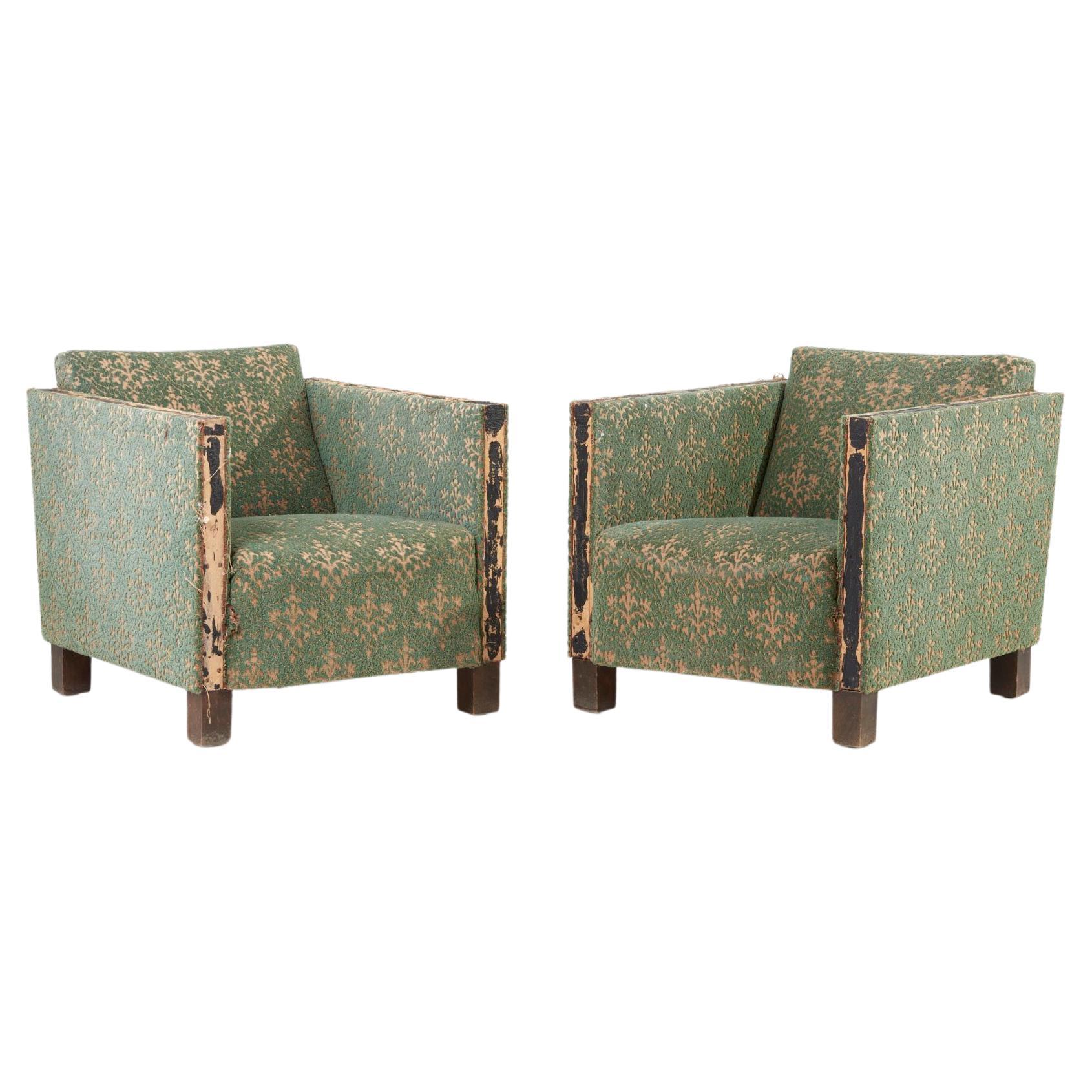 Pair of 1930s green Björn Trägårdh Lounge Chairs with ornaments, Sweden