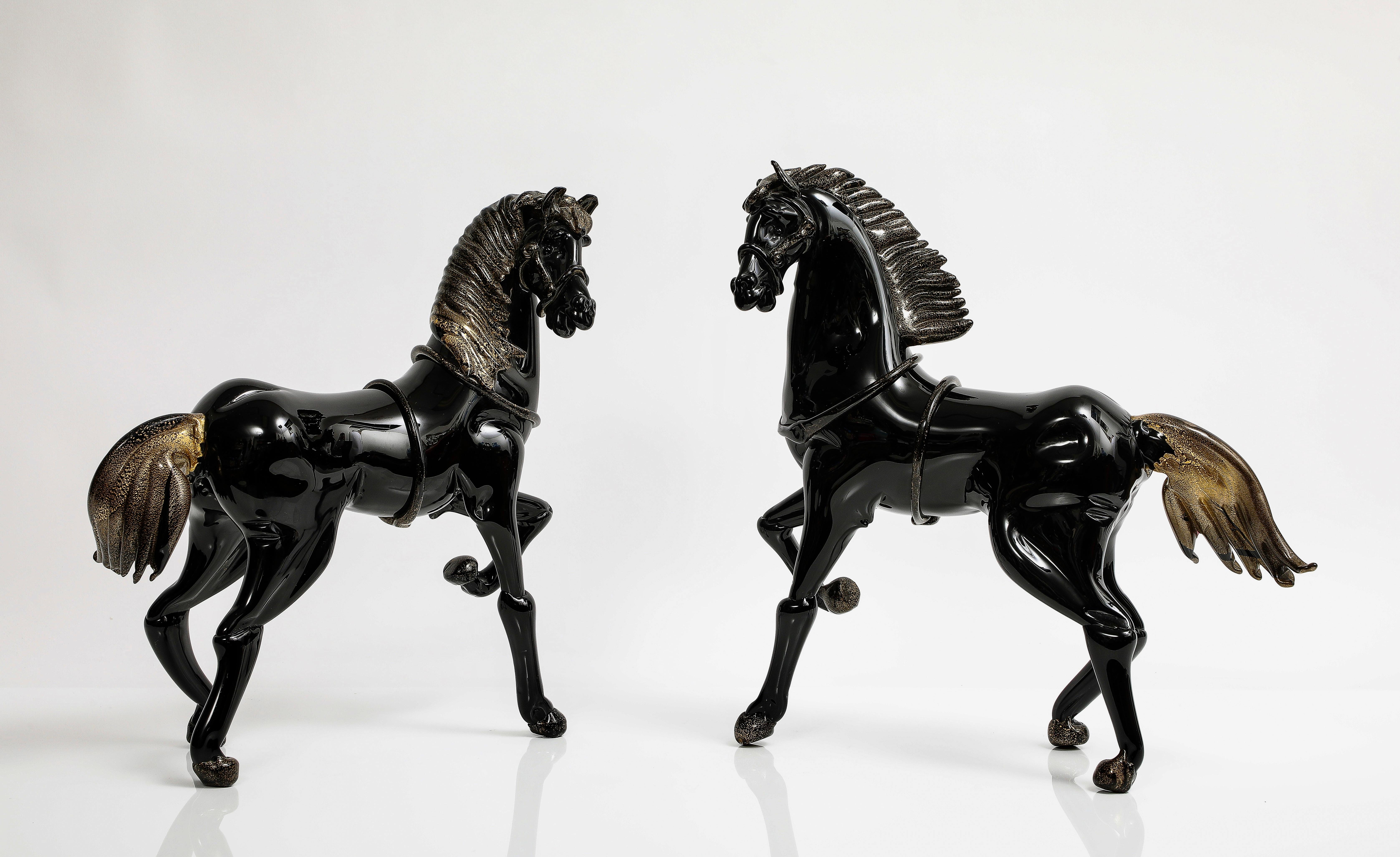 Pair of 1930's Black Murano Glass & Gold Figures of Arabian Horses For Sale