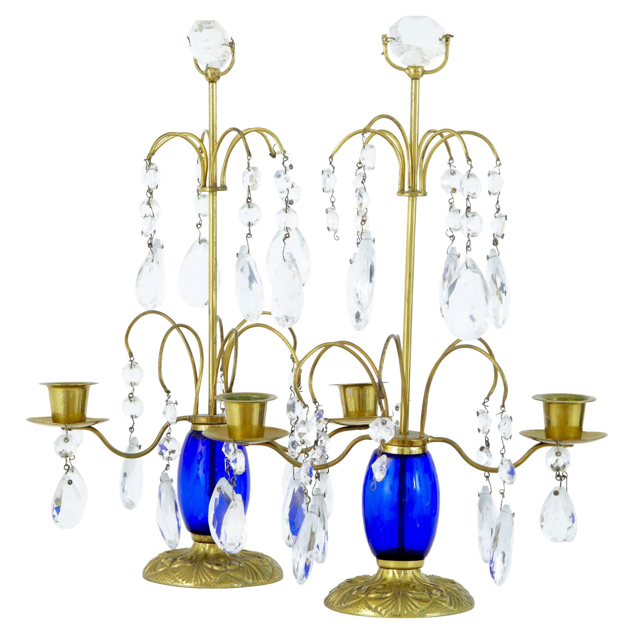 Pair of Cut Glass Hurricane Candlesticks with Lion Decoration For Sale