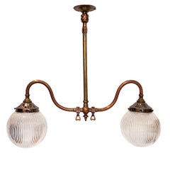 Pair of 1930s British Hanging Lights With Ribbed Holophane Shades