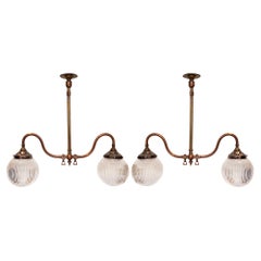 Pair of 1930s British Hanging Lights With Ribbed Holophane Shades