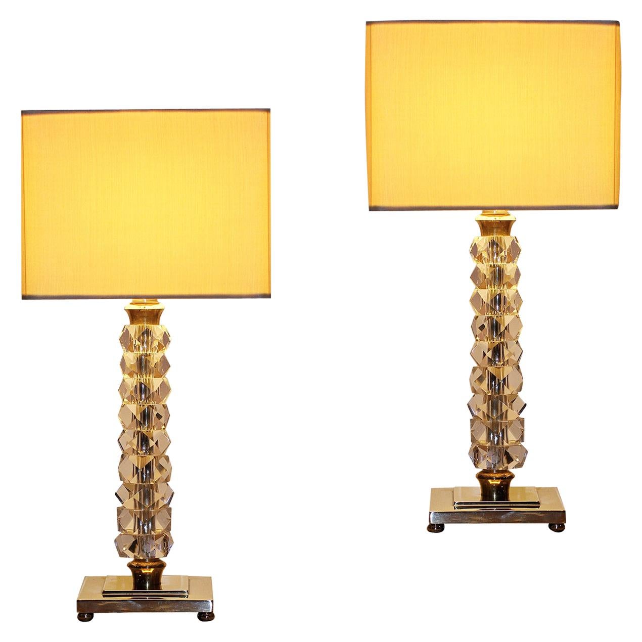 Pair of 1930s Bronze and Crystal Lamps from Prince De Galles Hotel
