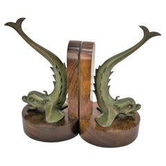 Pair of 1930s Bronze Dolphine Bookends