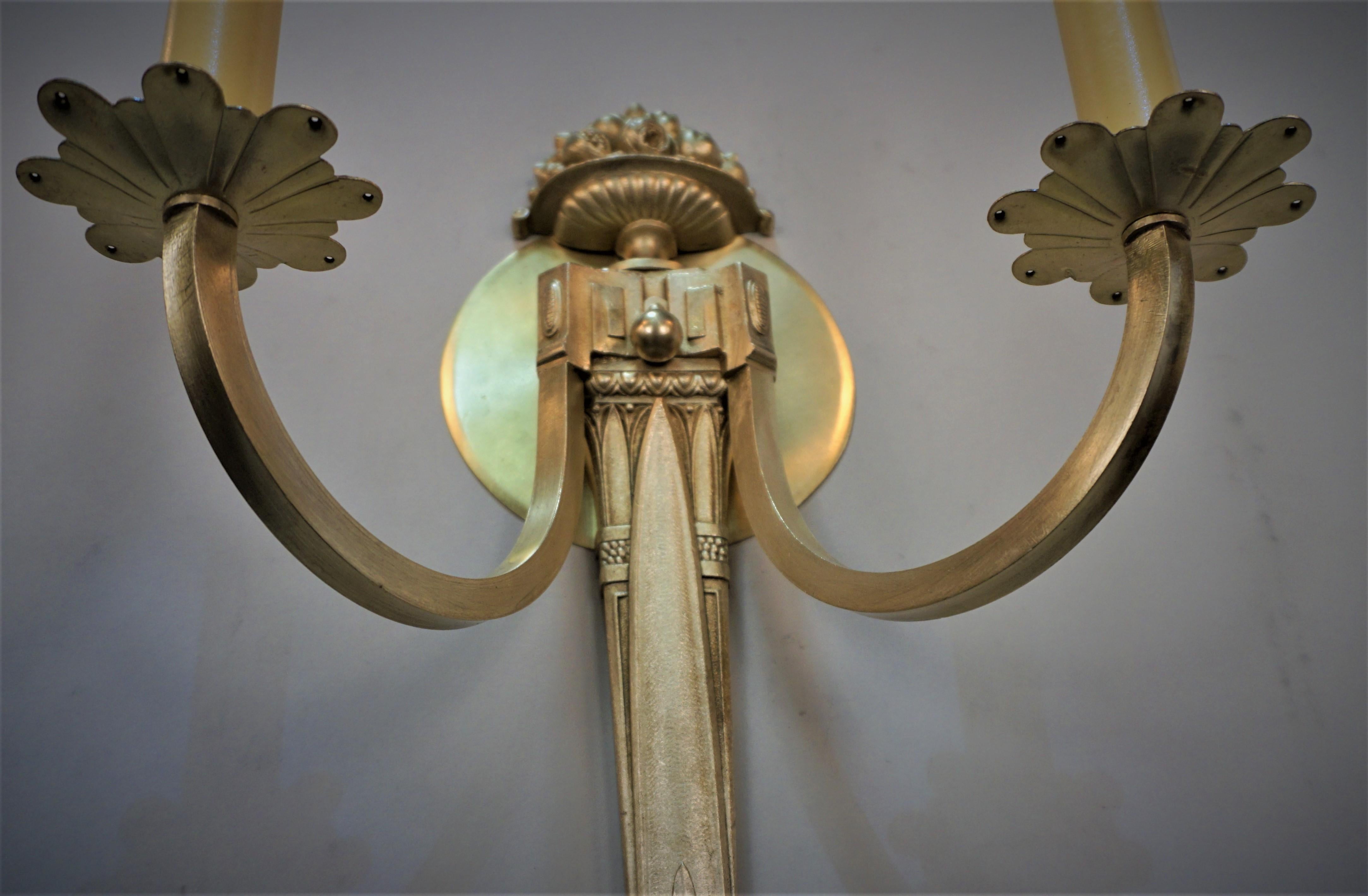 French Pair of 1930's Bronze Double Arm Wall Sconces For Sale