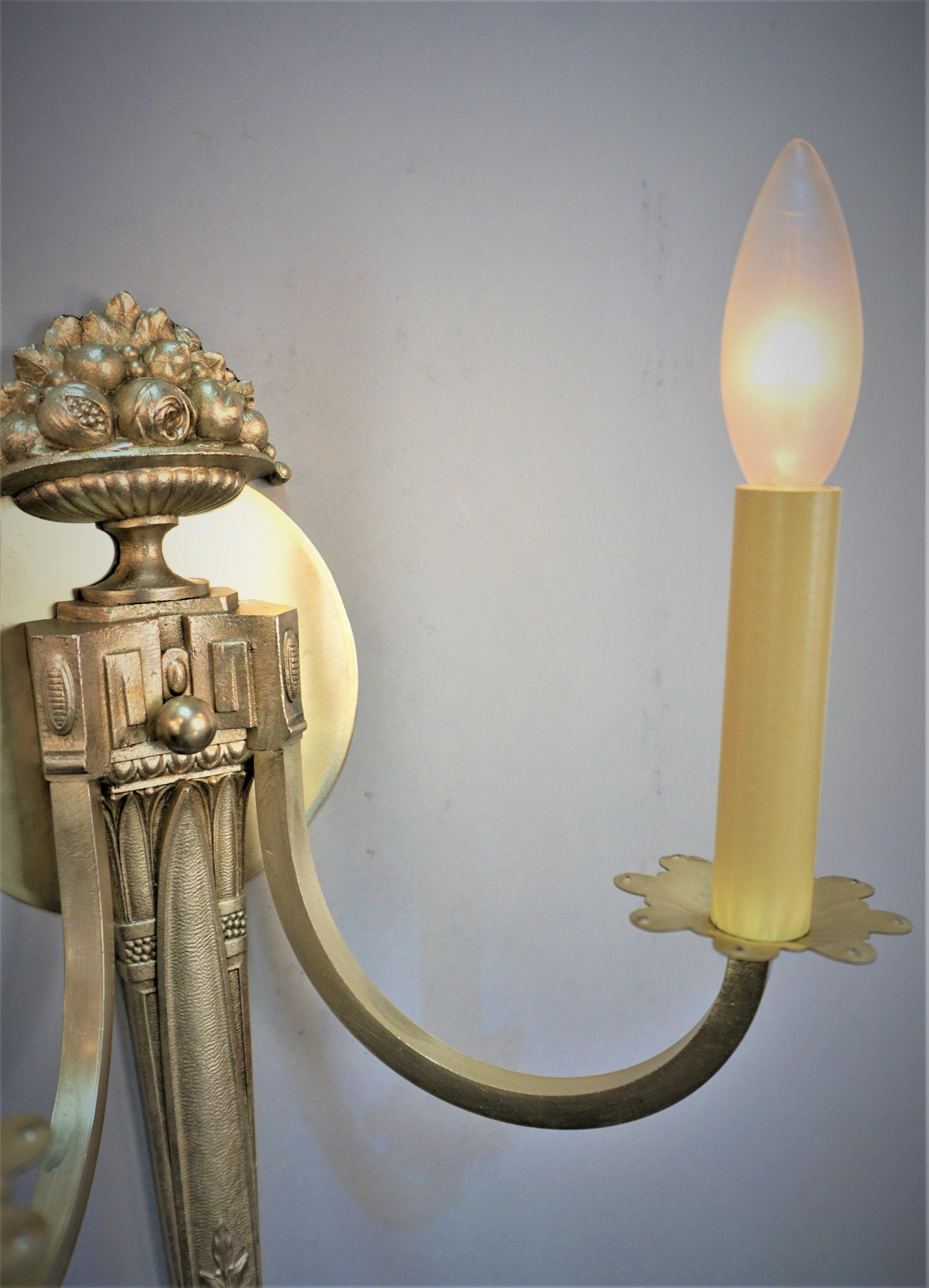 Pair of 1930's Bronze Double Arm Wall Sconces For Sale 1