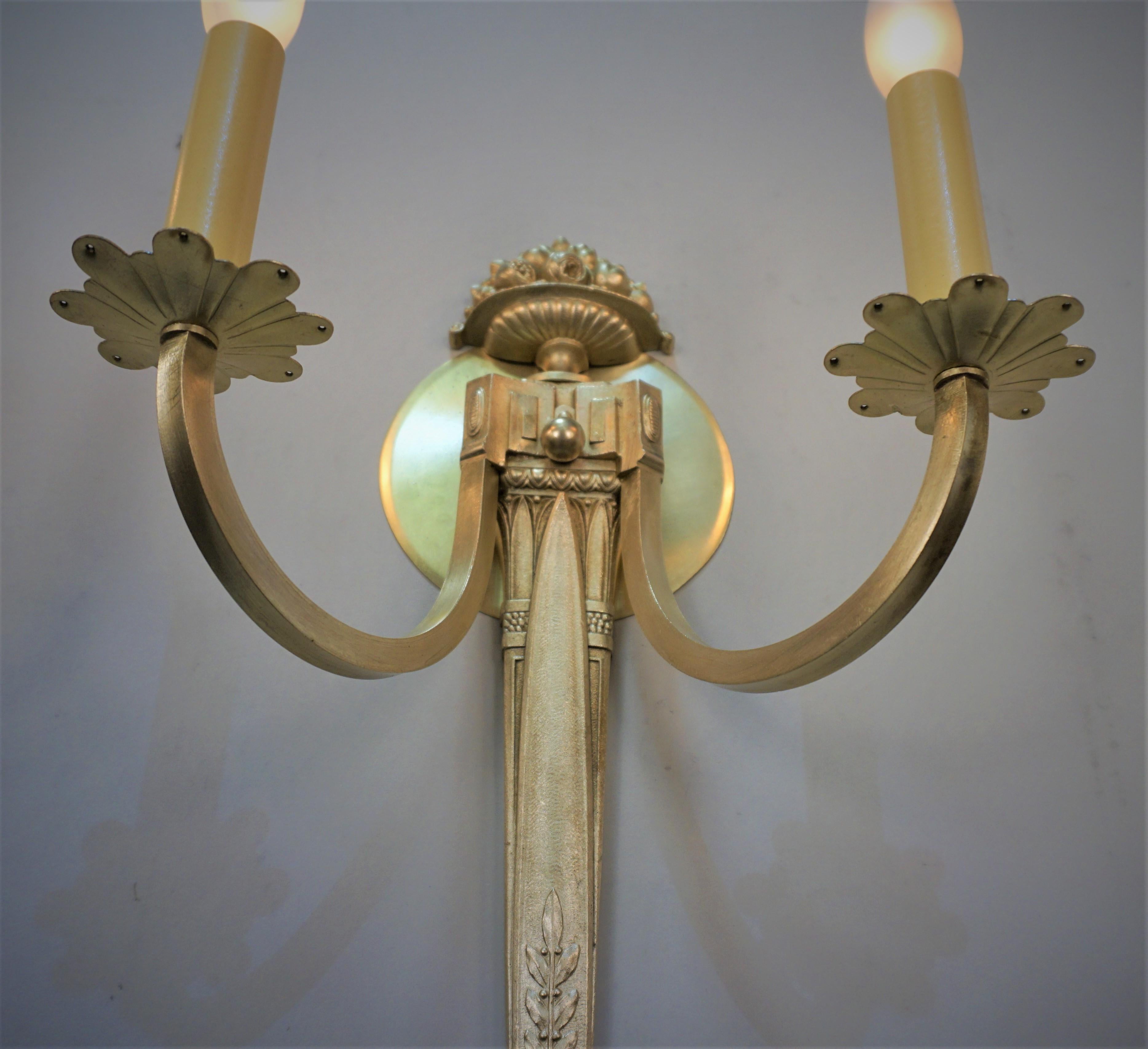 Pair of 1930's Bronze Double Arm Wall Sconces For Sale 2