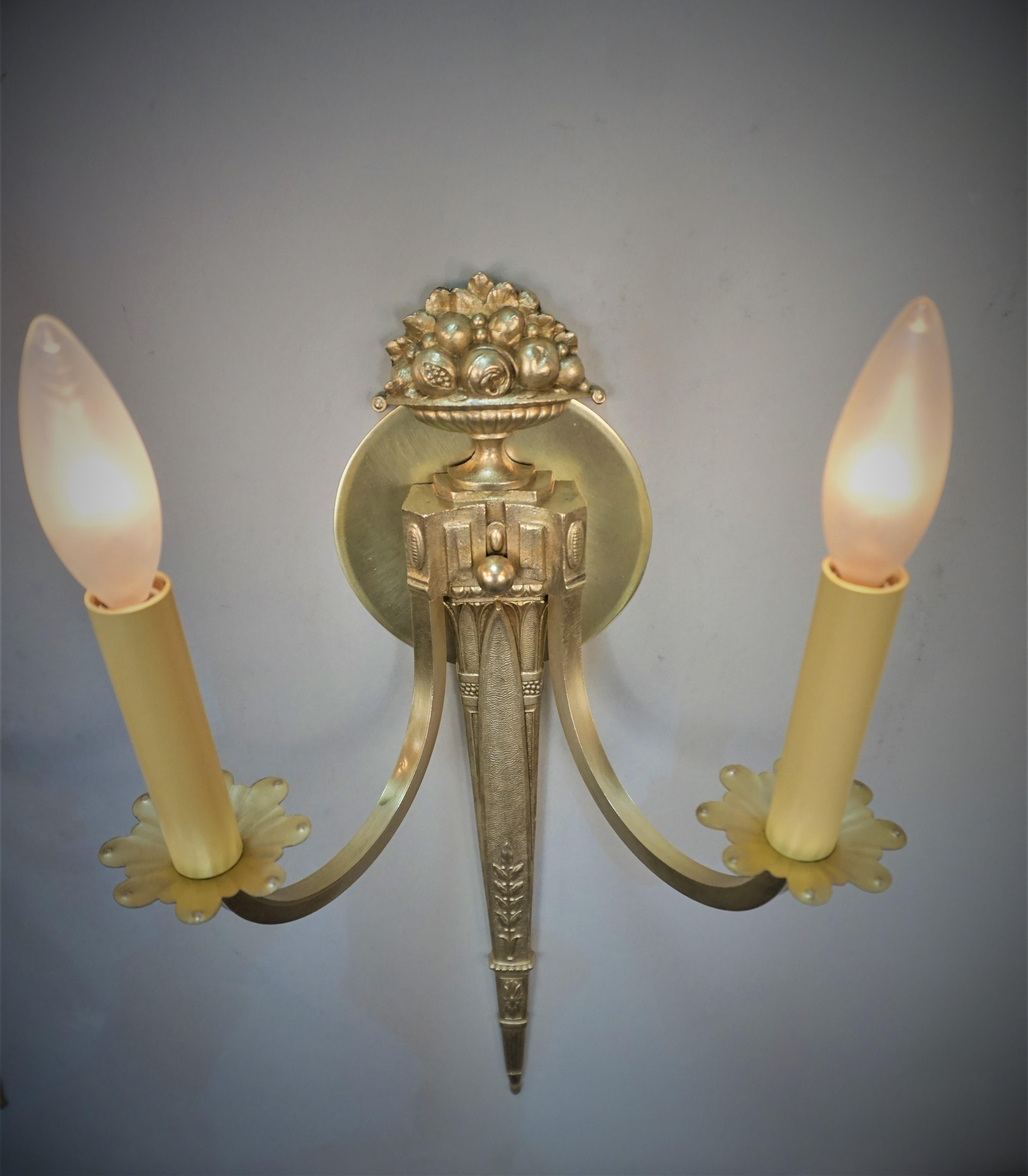Pair of 1930's Bronze Double Arm Wall Sconces For Sale 3