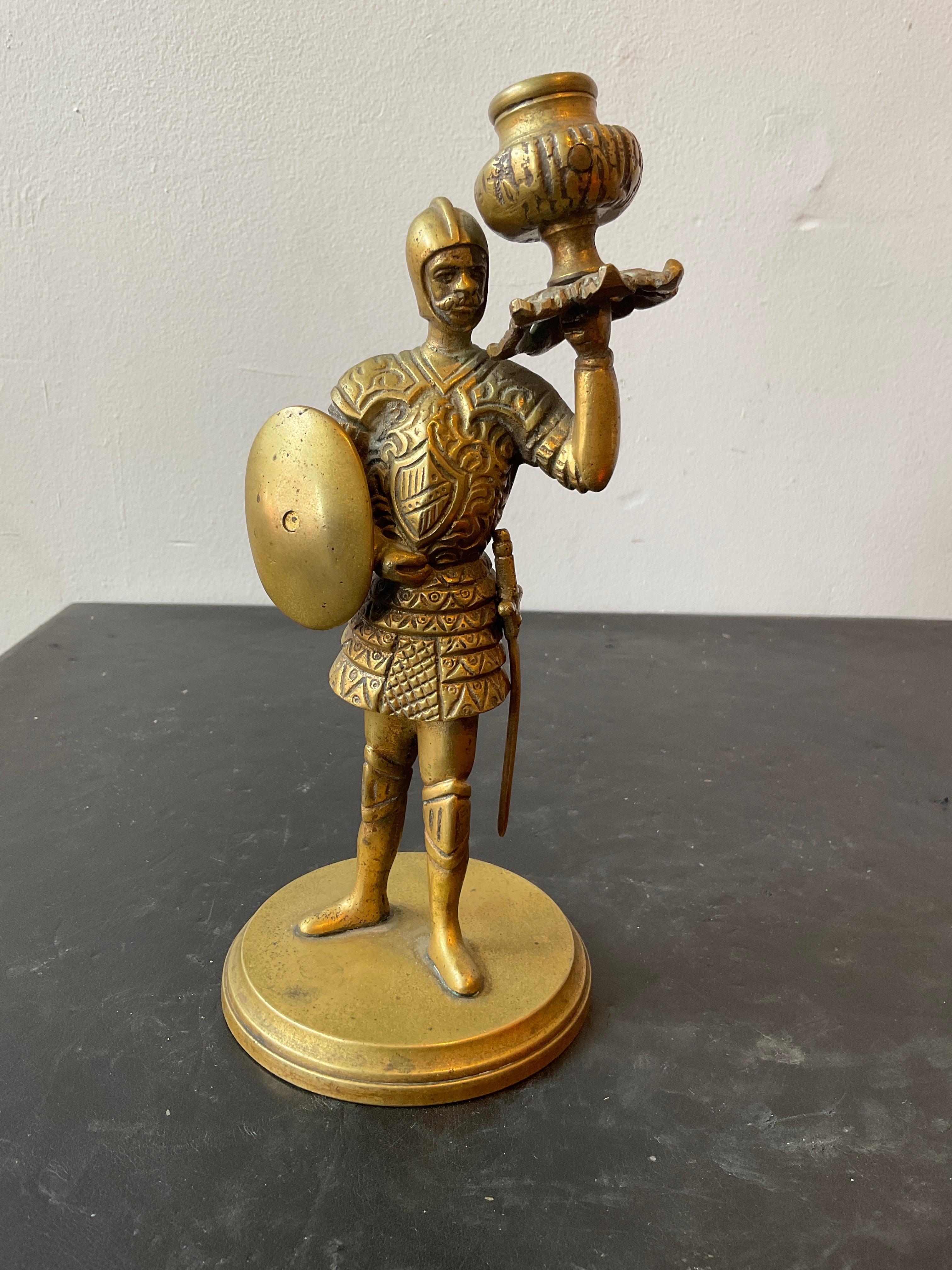 Pair Of 1930s Bronze Knight Candlesticks In Fair Condition In Tarrytown, NY
