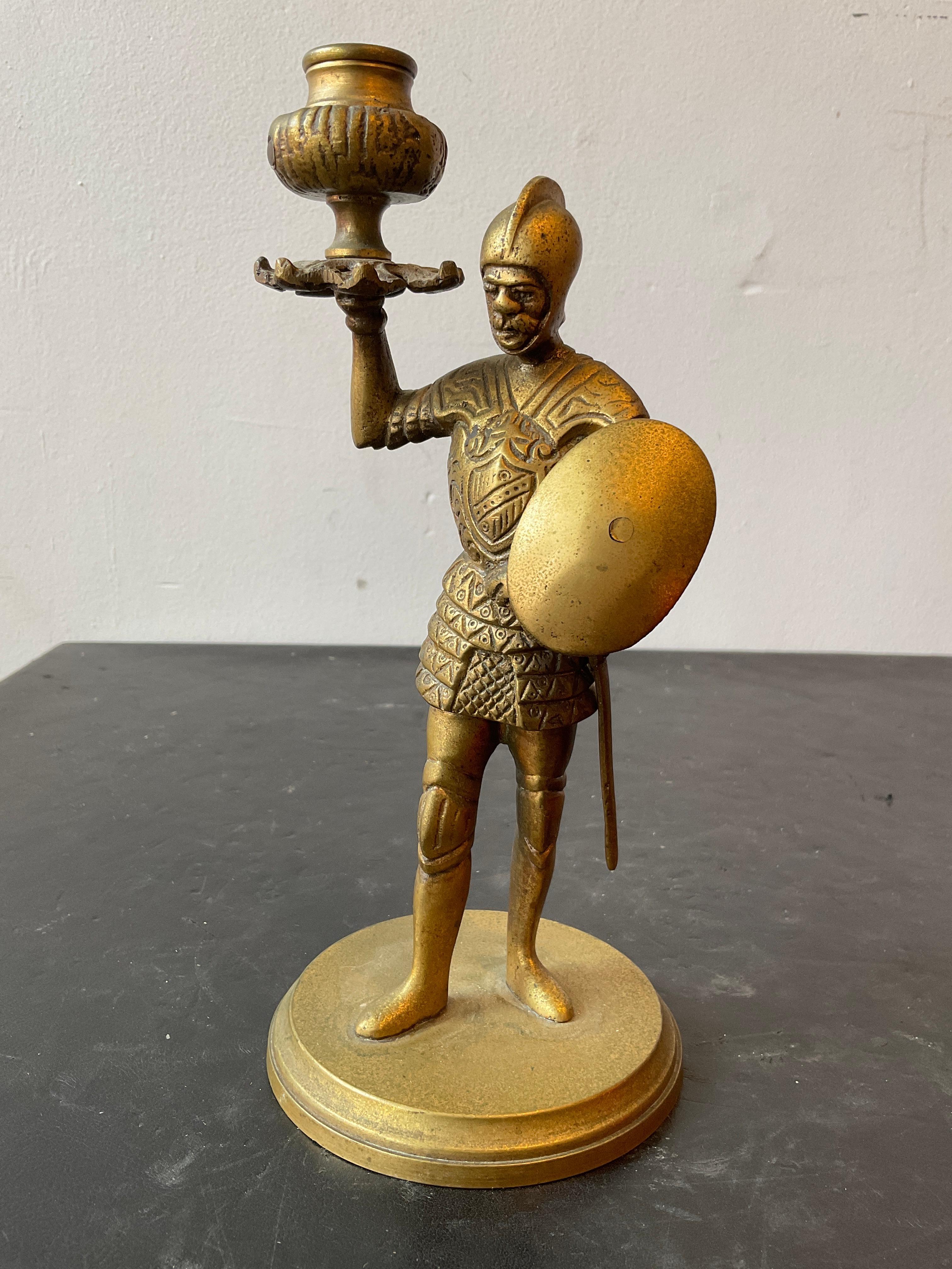 Mid-20th Century Pair Of 1930s Bronze Knight Candlesticks