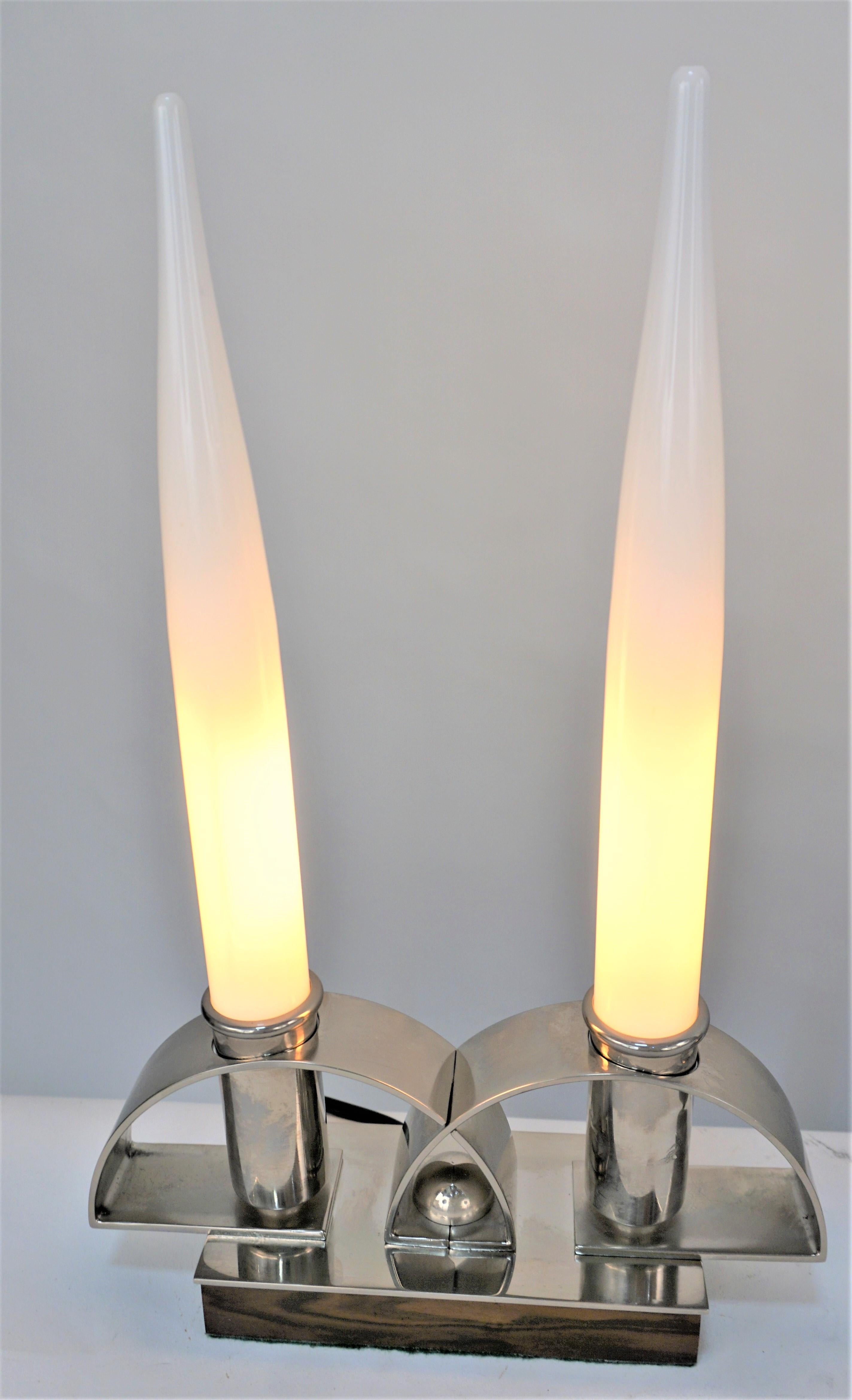 Pair of simple but elegant nickel on bronze, wood art deco table or buffet lamp with glass shades in shape of candle.