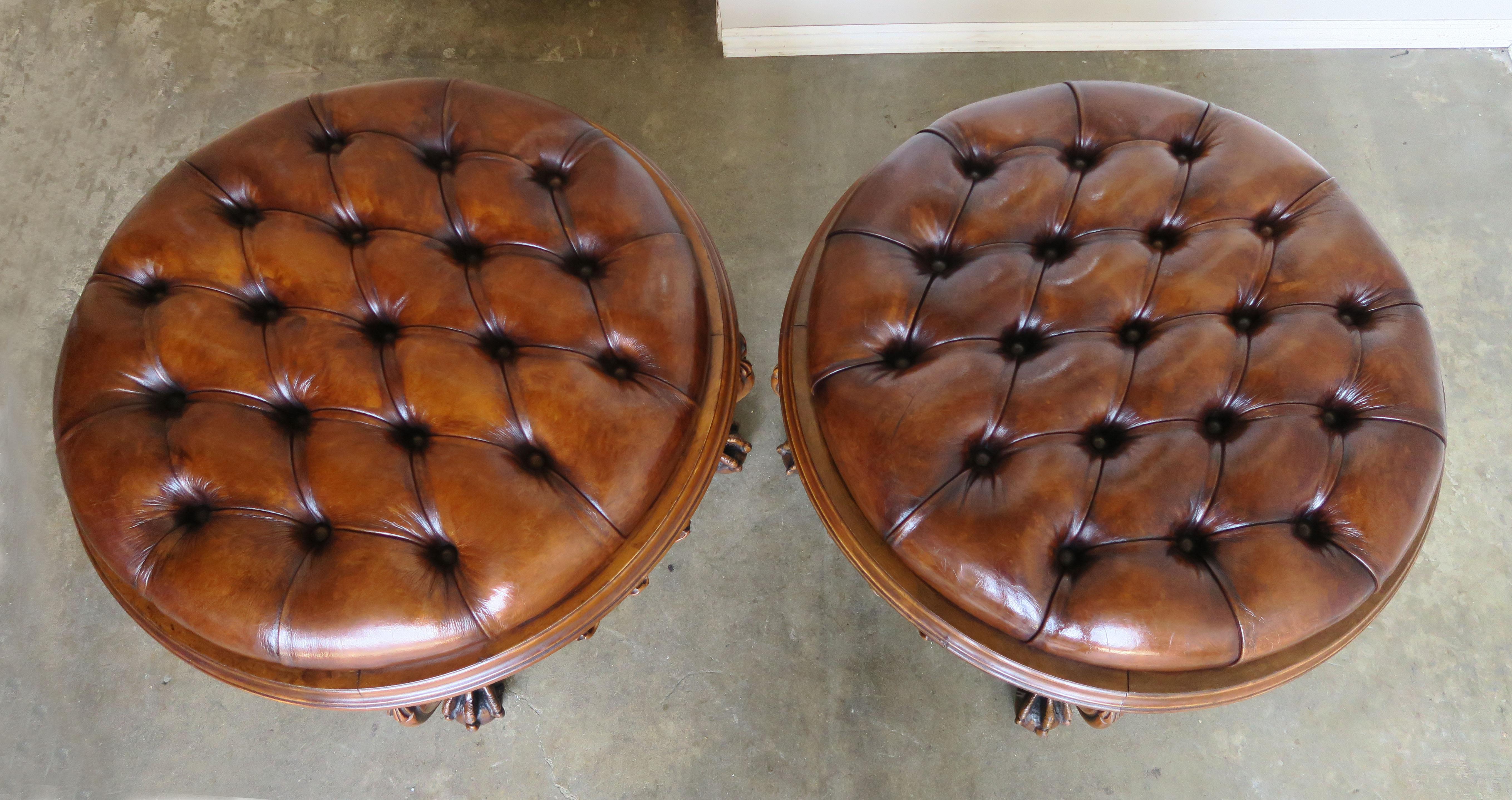 Pair of 1930s Carved Walnut Leather Tufted Ottomans 4