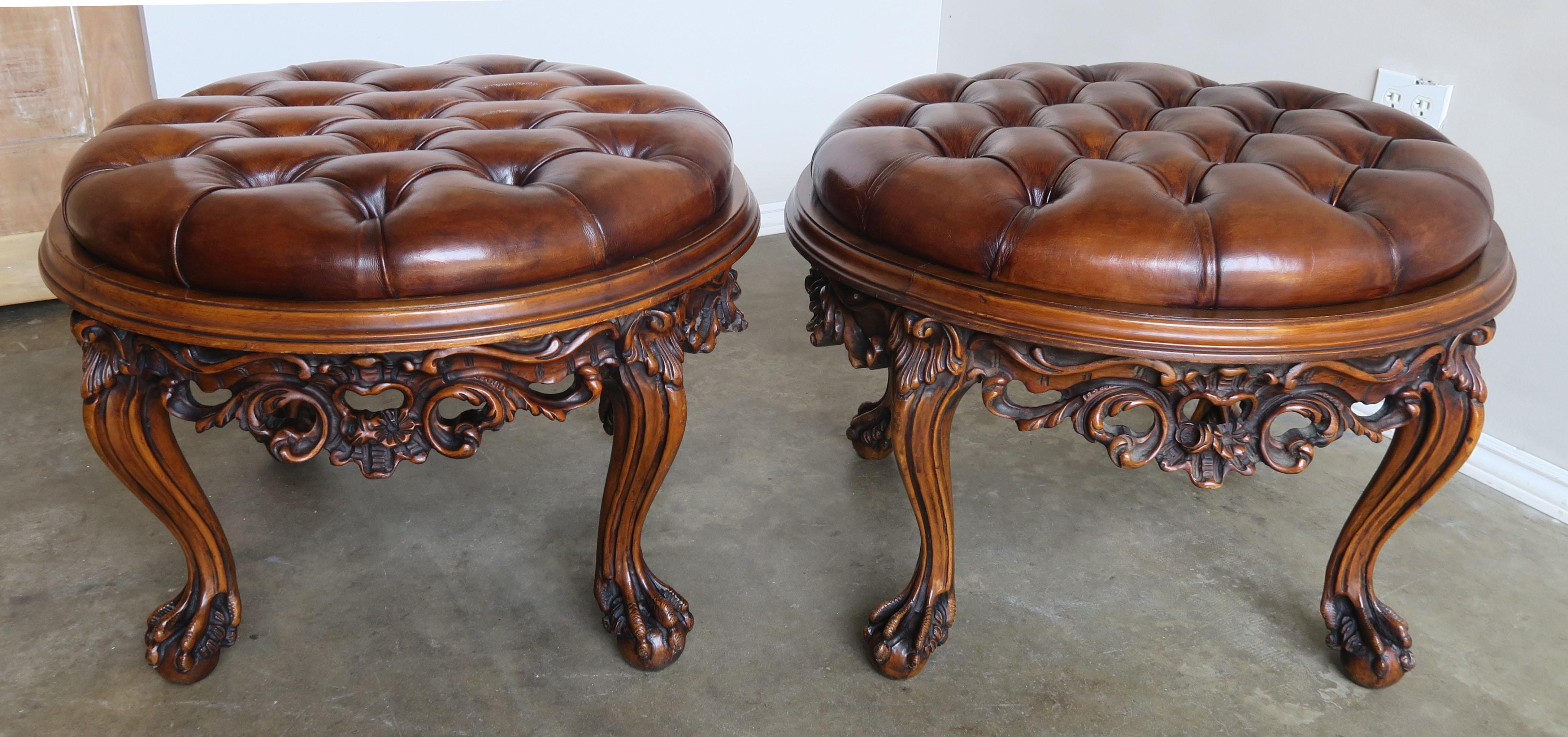 Pair of 1930s Carved Walnut Leather Tufted Ottomans 7