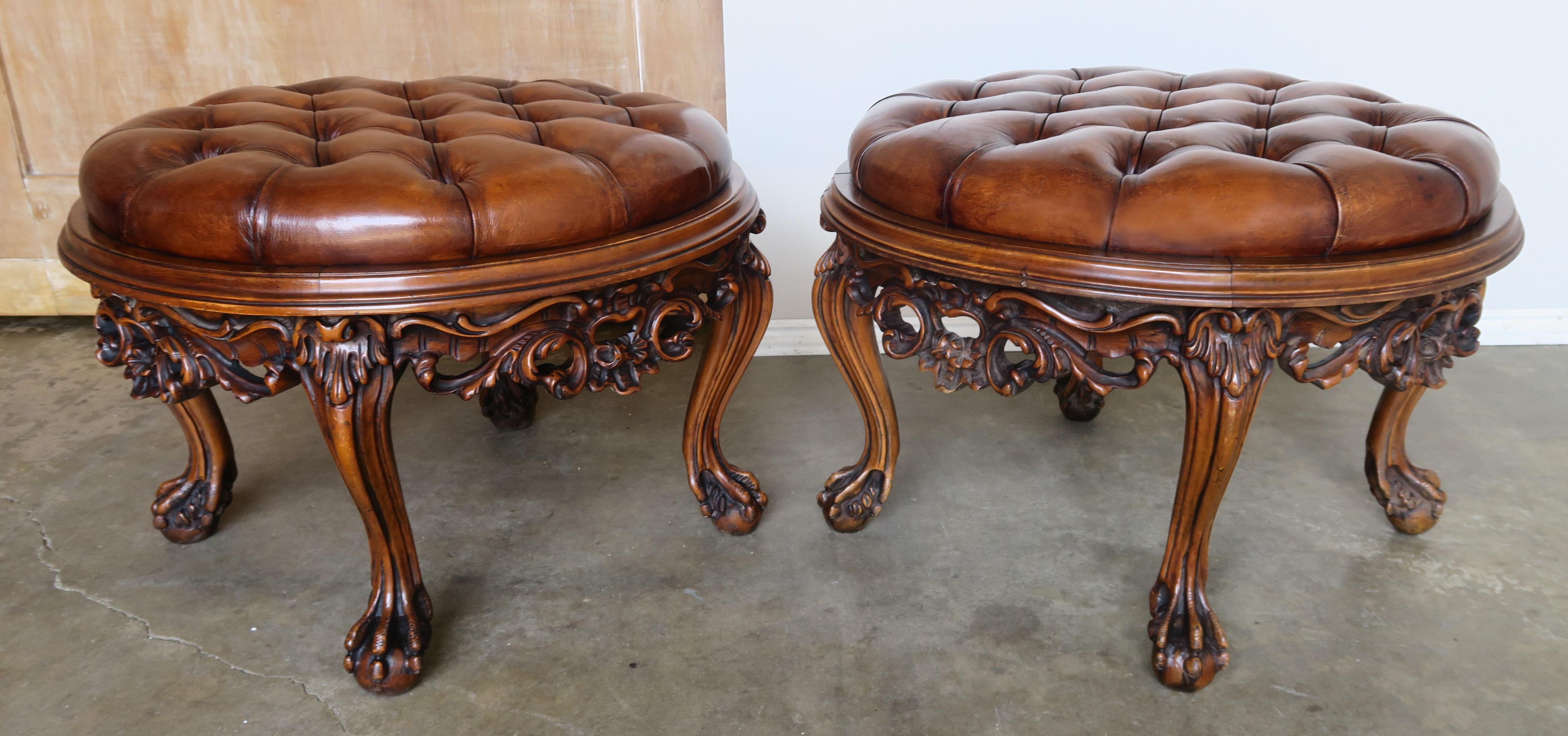 Pair of 1930s Carved Walnut Leather Tufted Ottomans 2