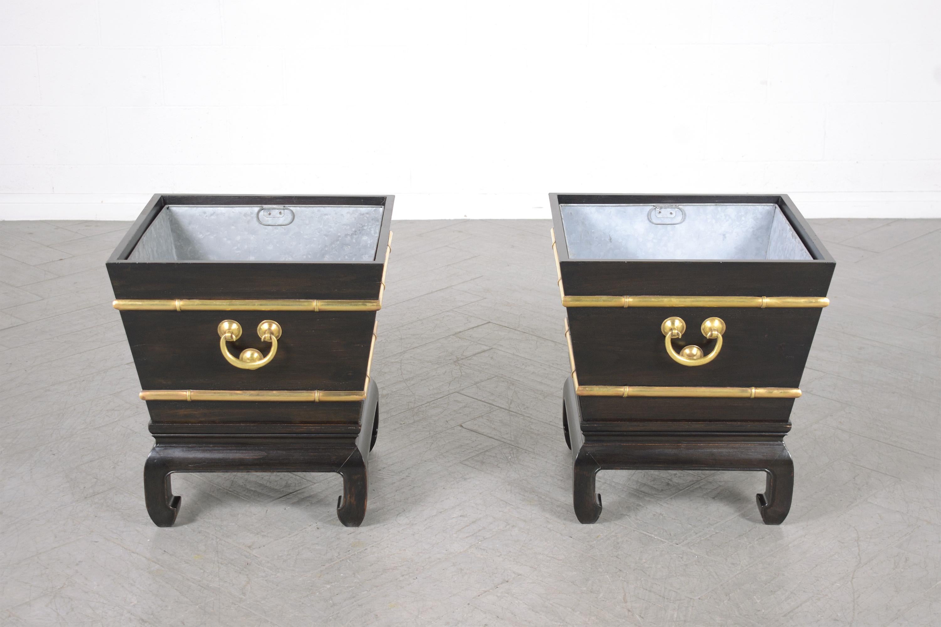 Chinese Chippendale Restored Early 1900s Chinese Wood and Brass Garden Planters For Sale