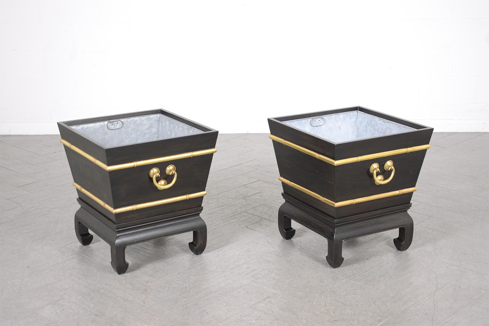 Restored Early 1900s Chinese Wood and Brass Garden Planters In Good Condition For Sale In Los Angeles, CA