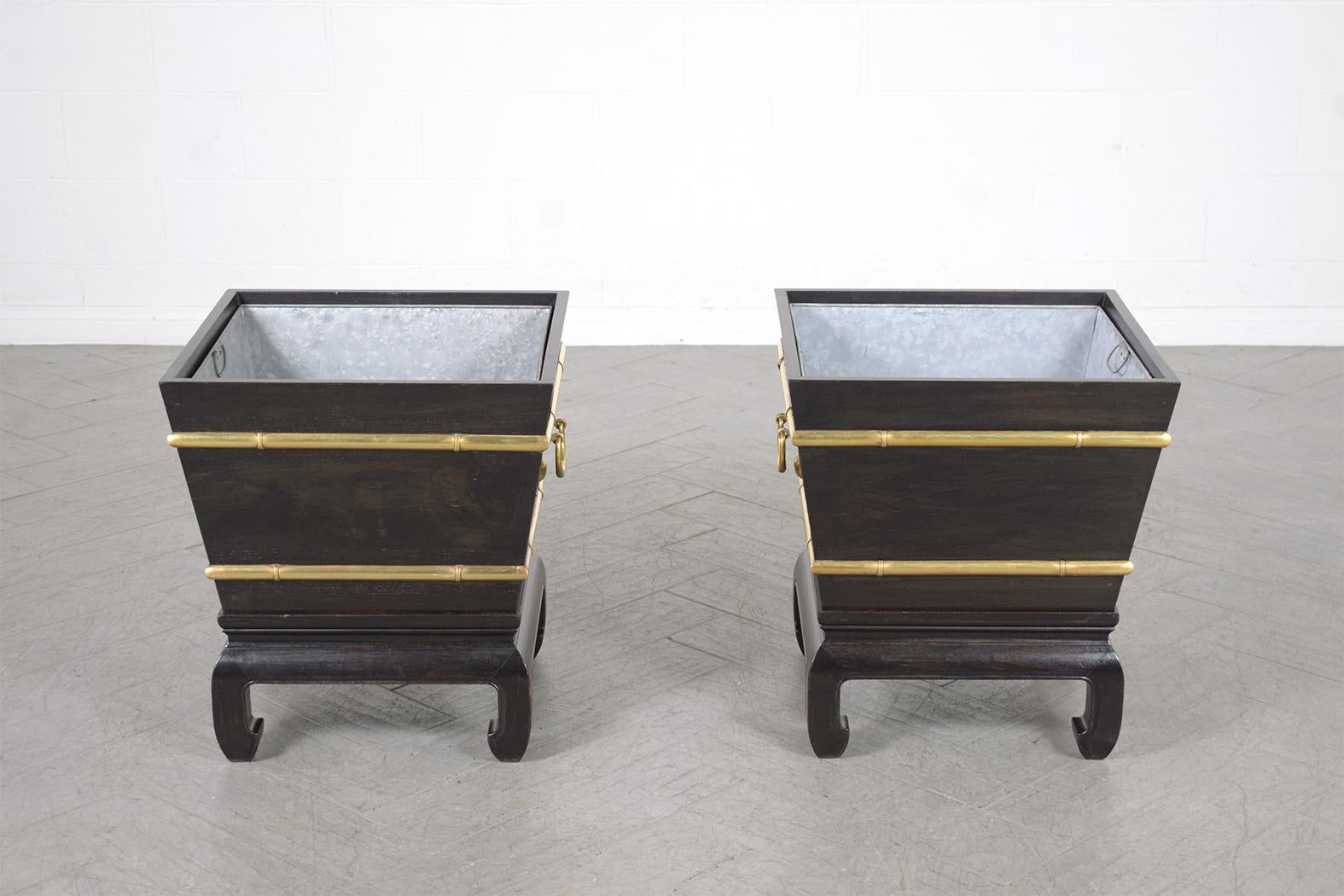 Mid-20th Century Restored Early 1900s Chinese Wood and Brass Garden Planters For Sale