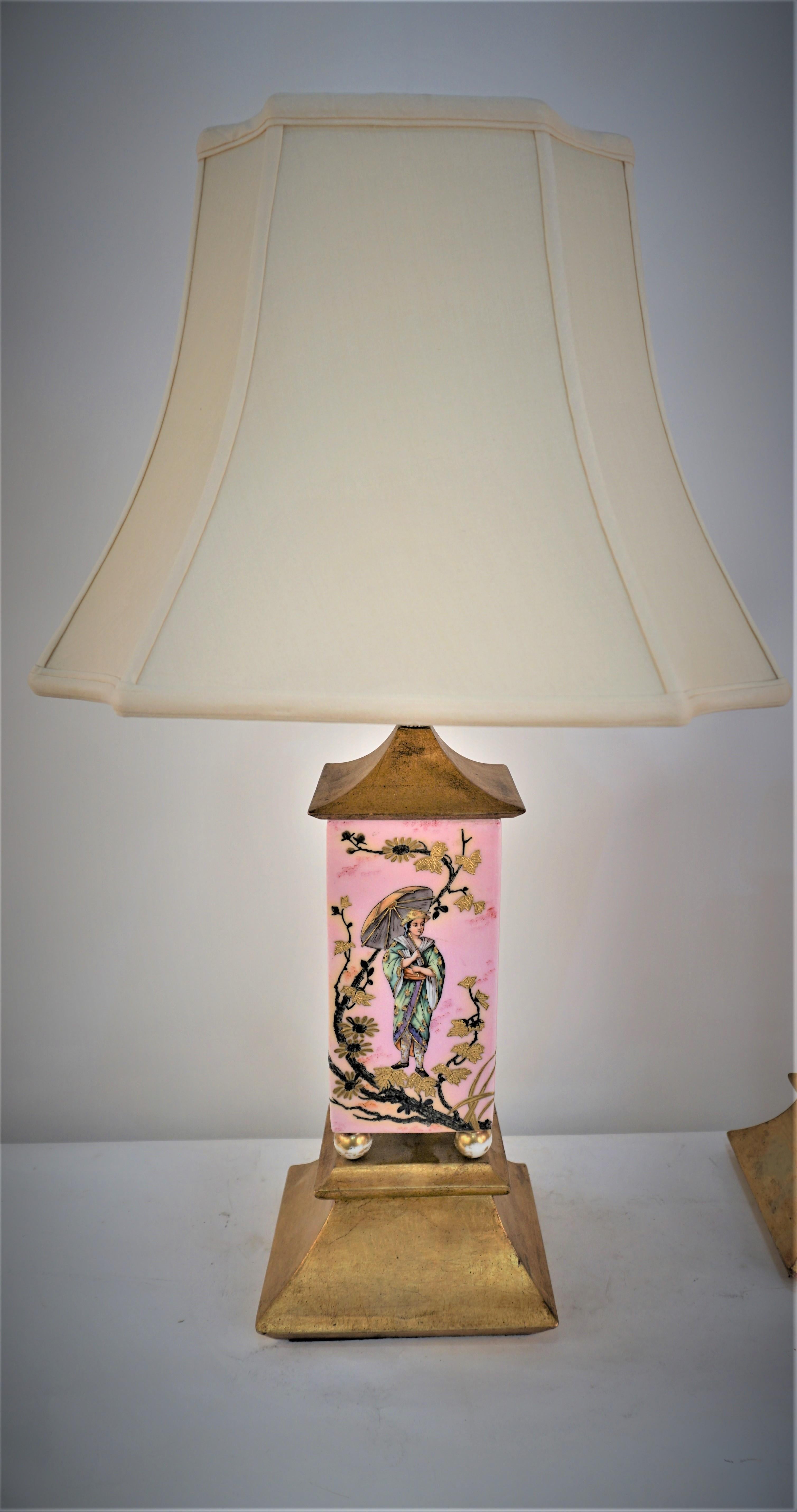 Pair of 1930's Chinoiserie Porcelain Table Lamps  For Sale 1