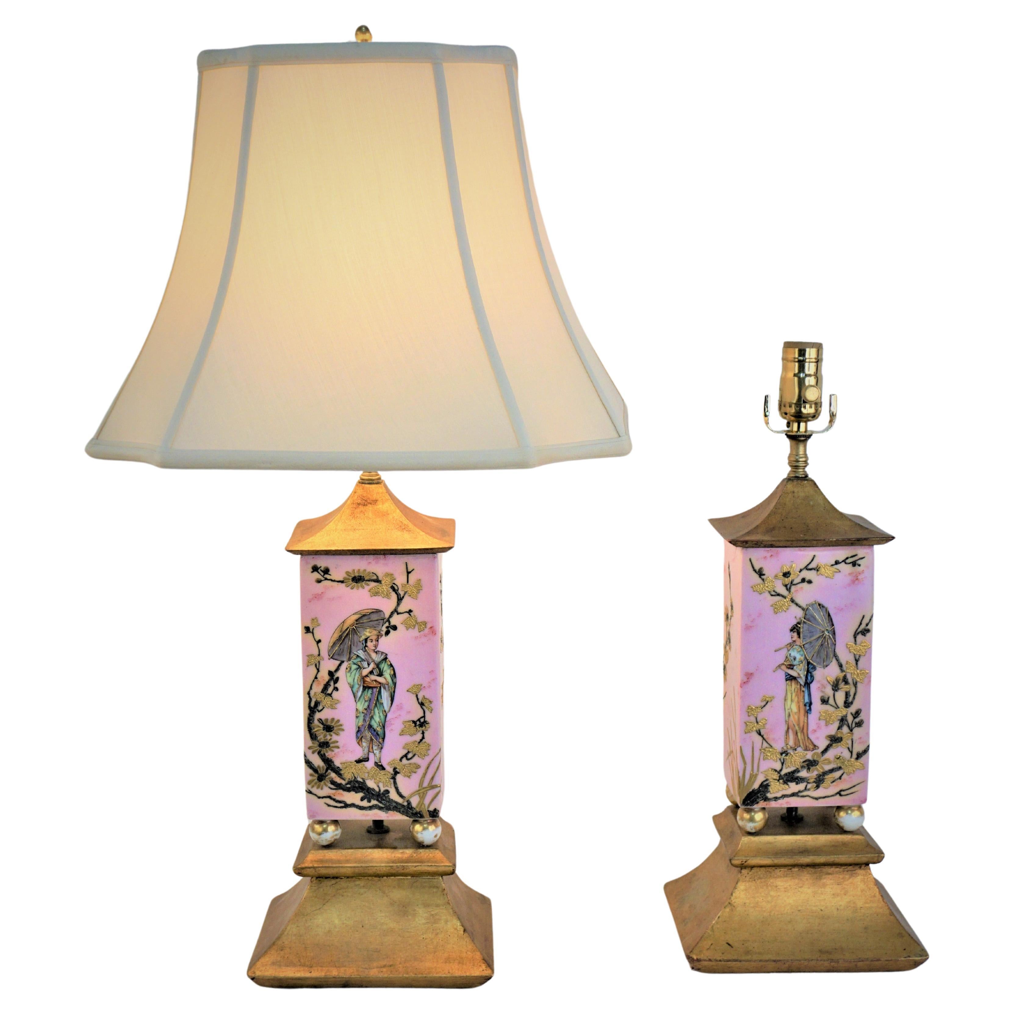 Pair of 1930's Chinoiserie Porcelain Table Lamps  For Sale