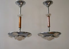 Pair of 1930s Chrome and Glass Art Deco Chandeliers