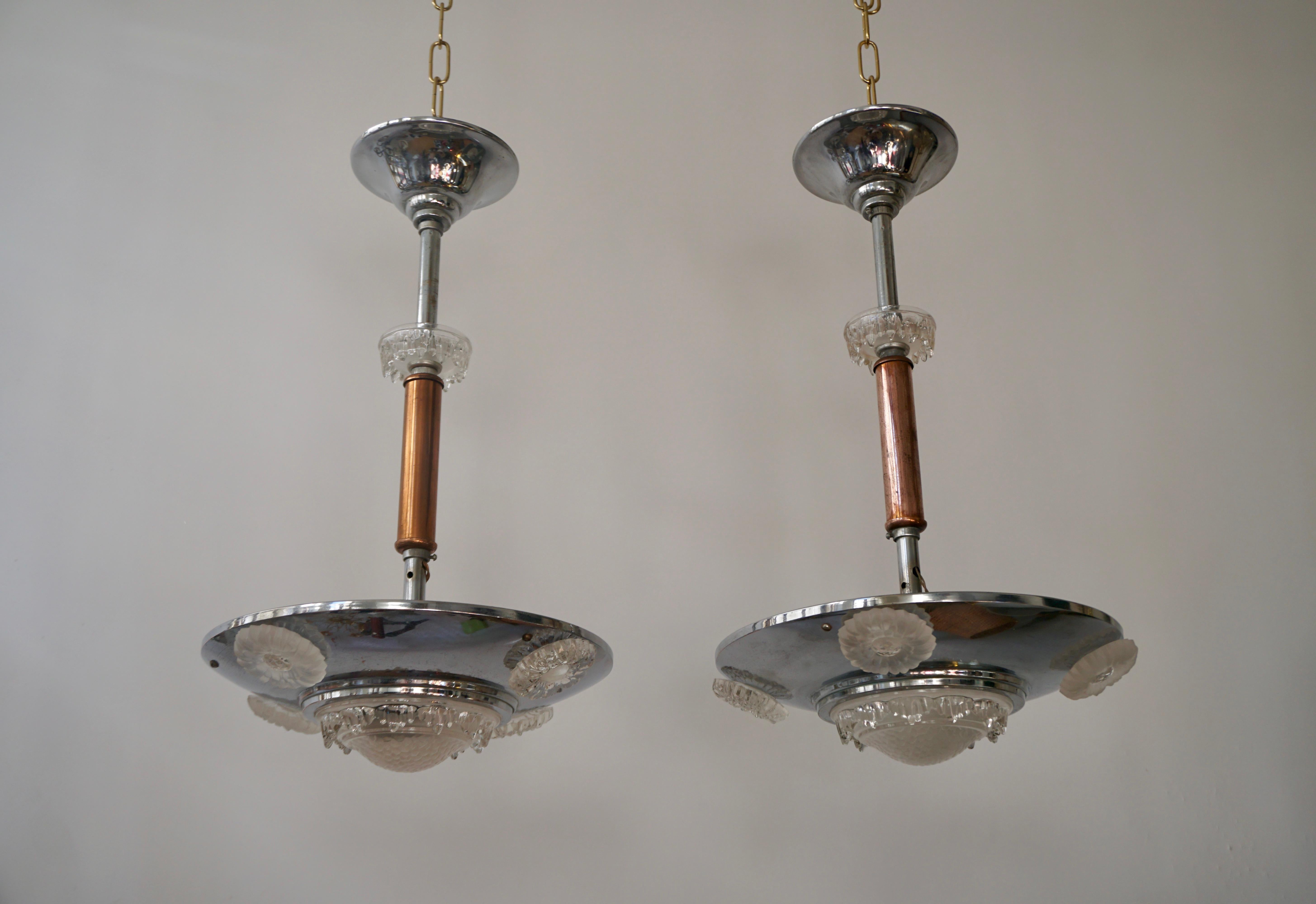 French Pair of 1930s Chrome and Glass Art Deco Chandeliers For Sale