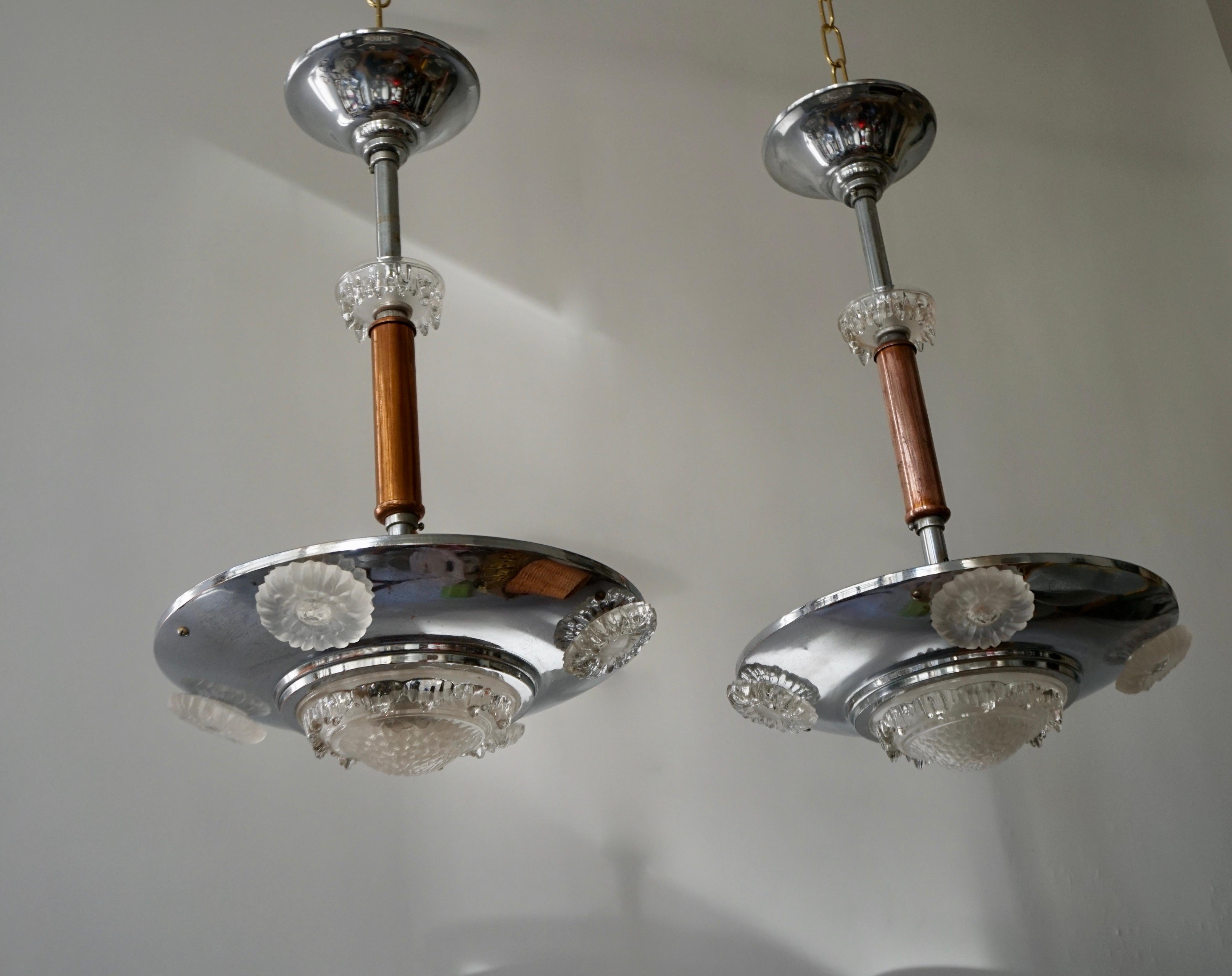 20th Century Pair of 1930s Chrome and Glass Art Deco Chandeliers For Sale