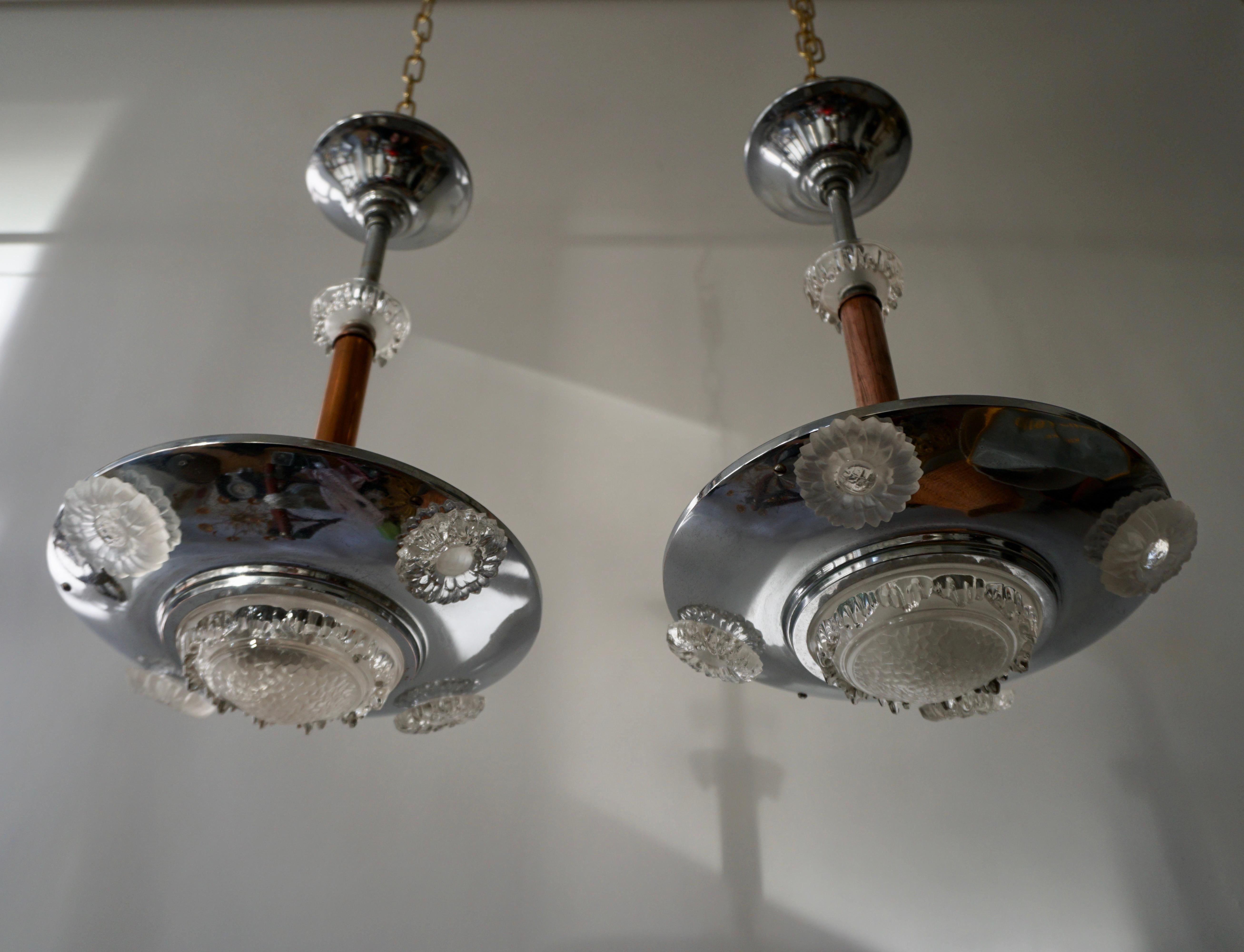 Pair of 1930s Chrome and Glass Art Deco Chandeliers For Sale 1