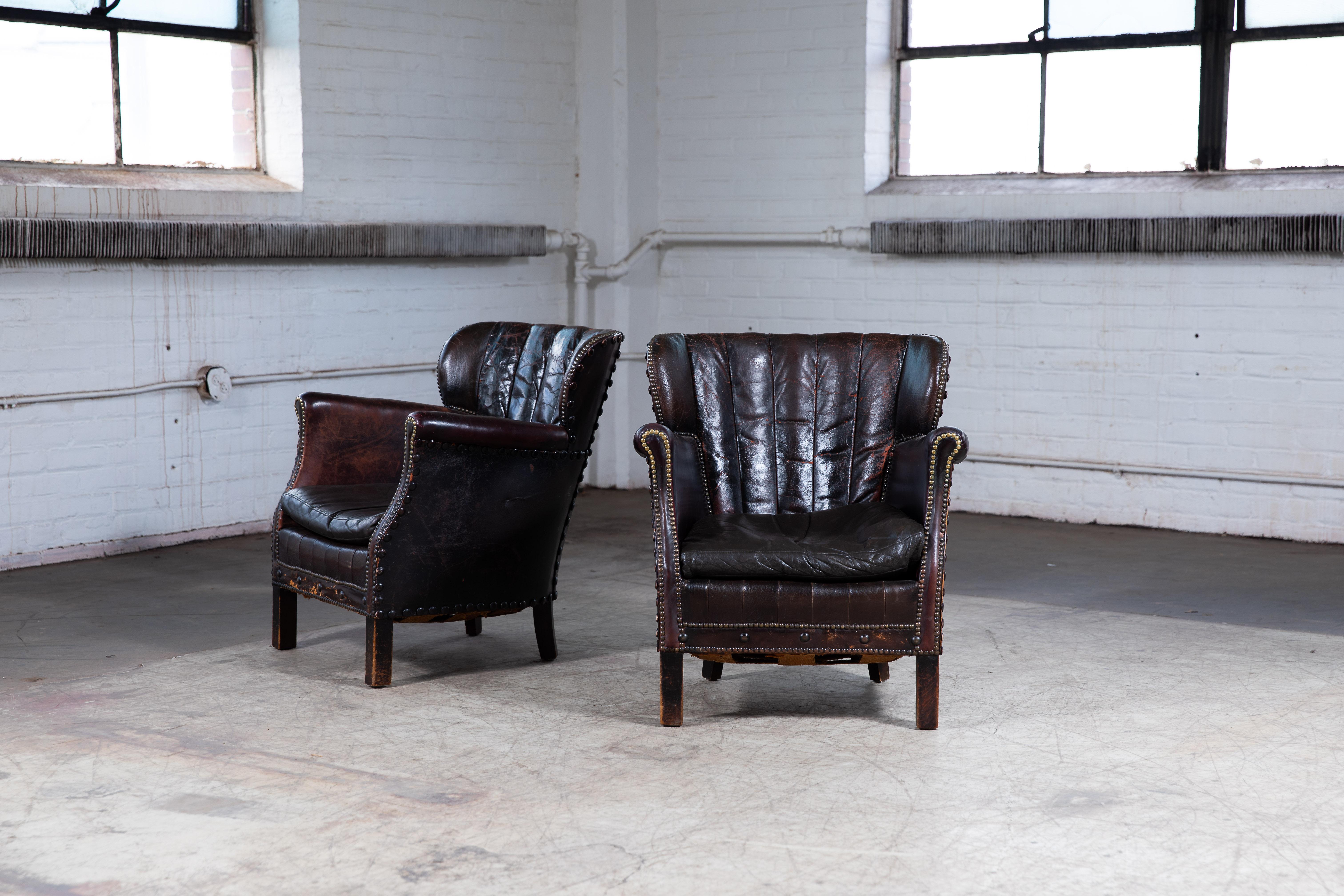 Mid-Century Modern Pair of 1930's Classic Danish Club Chairs in Black Patinated Leather